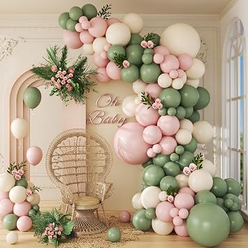 141pcs Pink and Green Balloon Arch Garland Kit with Sage Green Pastel Pink Sand White Balloons for Birthday Bridal Shower Party Boho Baby in Bloom Baby Shower Decorations