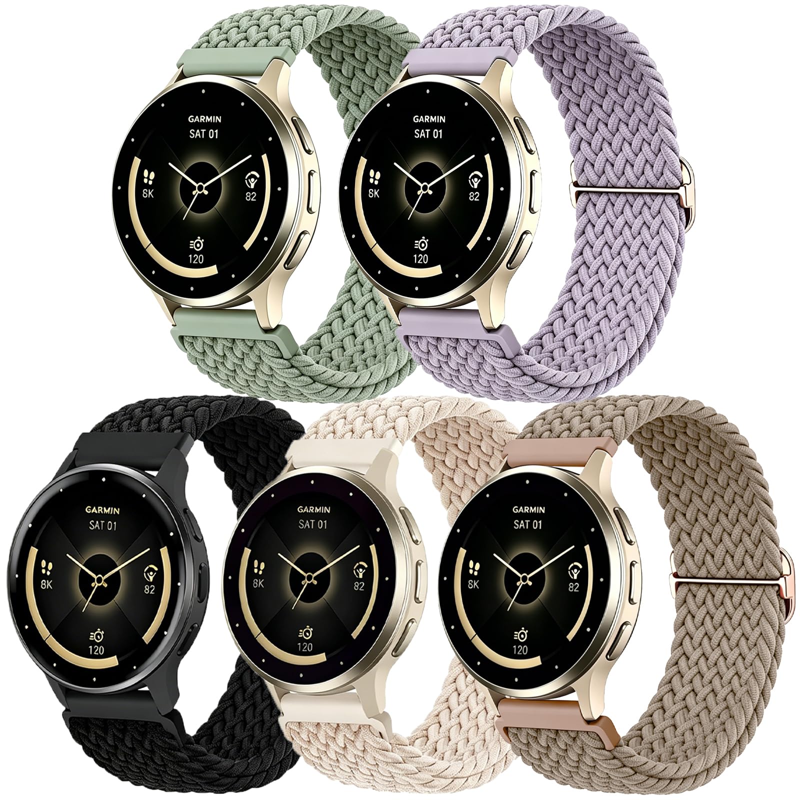 ZXgomg 5 Pack nylon Braided 18mm Watch Strap Compatible with Garmin Venu 3s/2s/Vivomove 3S/Vivoactive 4S Strap for Women Men, Soft Adjustable Bands for Garmin Forerunner 255s/265s/255s Music