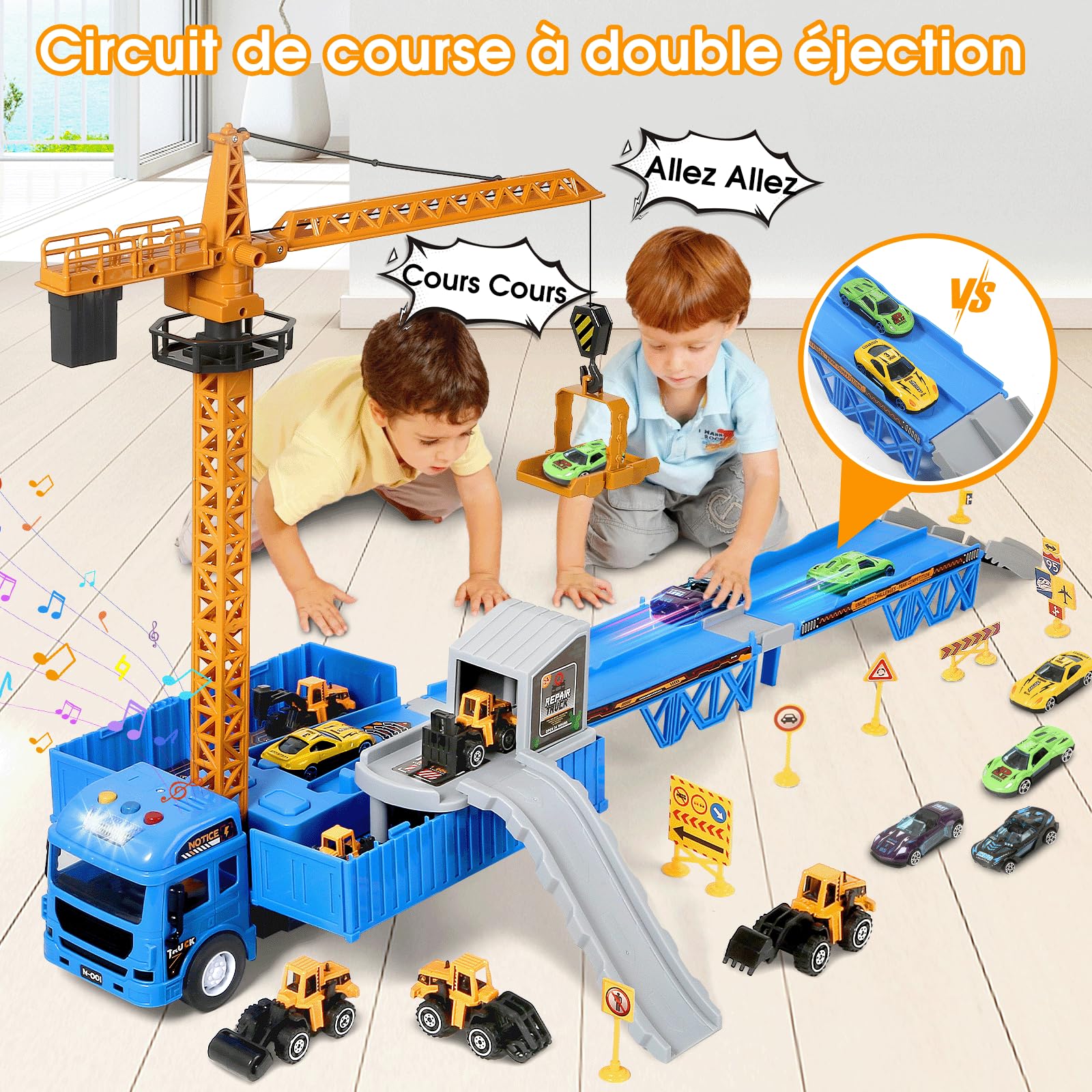 MOONTOY Jouets de Construction Enfants, Ensemble Camions de Chantier avec Piste Éjectante, Grue, Excavateur, Fourchonneuse, Bulldozer, Camion Benne, Cadeaux pour Garçons 3 4 5 6 Ans