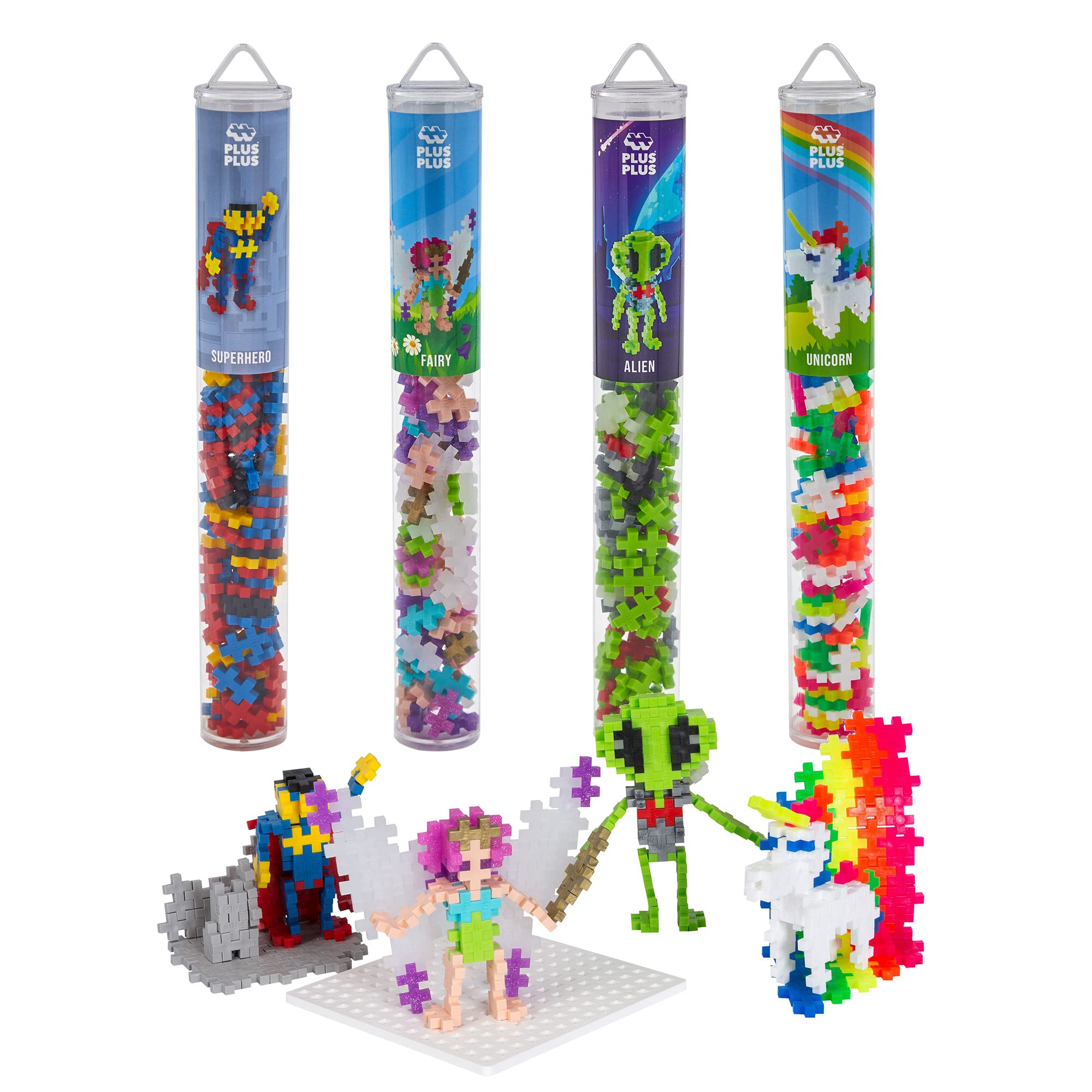Plus-Plus 7268 Geniales Konstruktionsspielzeug, Figuren-Mix, Bundle aus 4 verschiedenen Kreativ-Bausteine Tubes inkl. Bauplatte, 400 Teile, Mischfarben