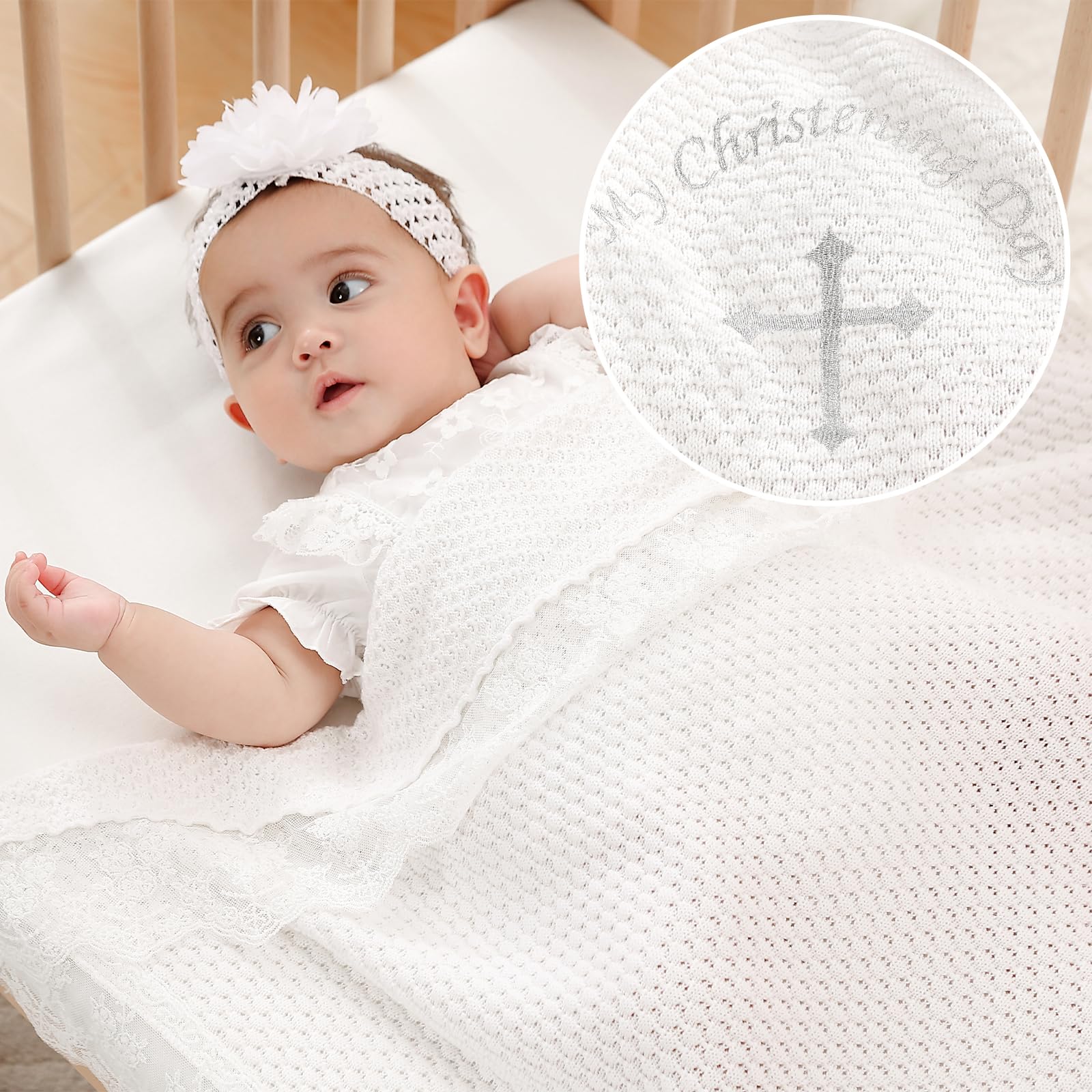 Pinuotu Baby Baptism Blanket – 100% Cotton Knit Christening Blanket with Lace Trim & Embroidered Cross, 40