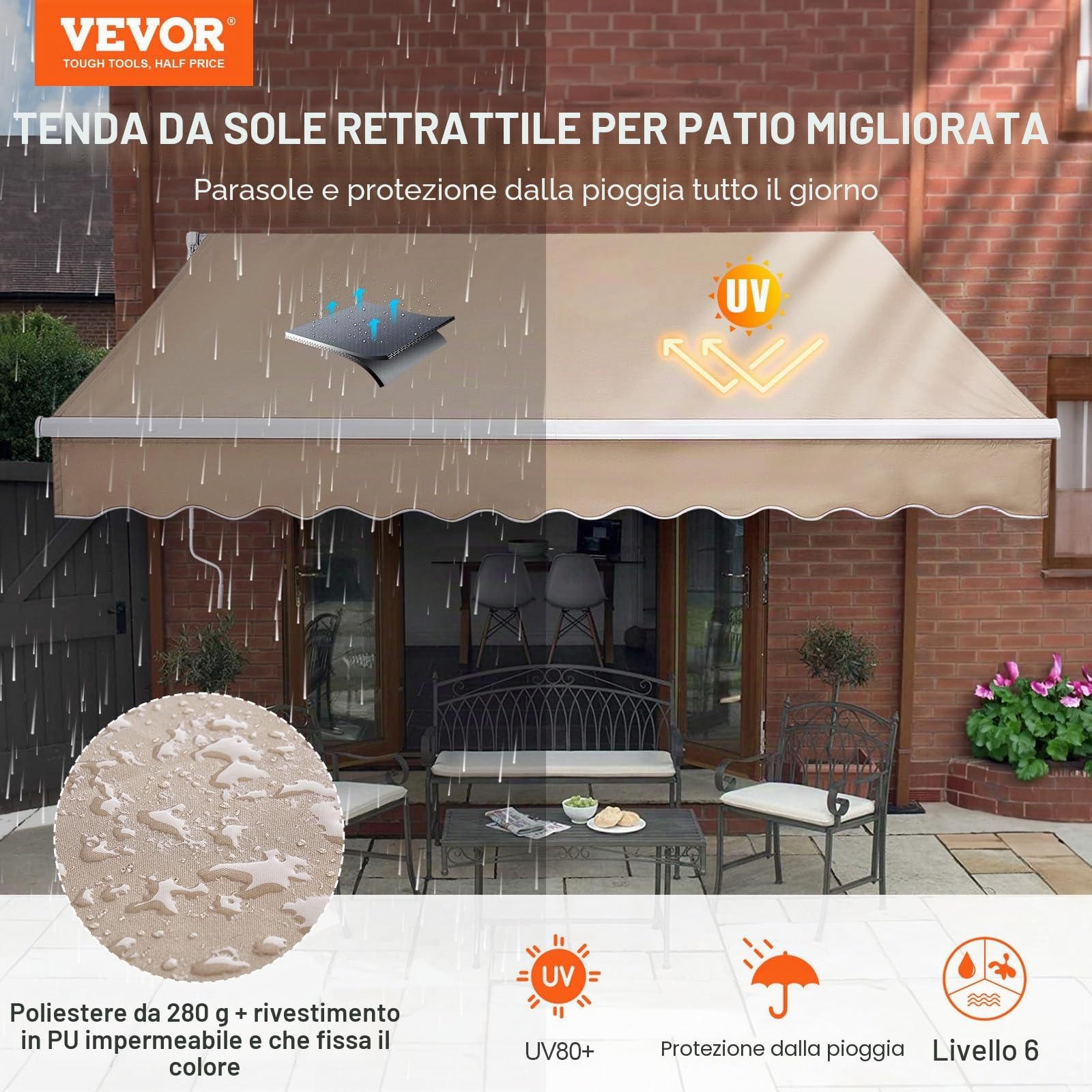 VEVOR Tenda da Sole Retrattile 3 x 2,4 m, Tenda da Sole Manuale per Balcone Cortile Giardino 40°-90° Frangivento Anti Raggi UV, Tenda Parasole Frangivista RetrattileTerrazza Balcone Giardino Cortile