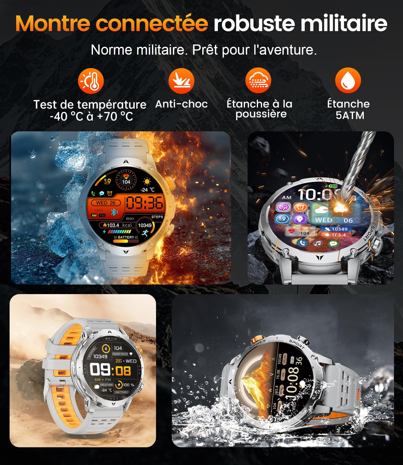 LIGE 1000mAh Montre Connectée Homme, 1,7" Smartwatch Militaire avec 110+ Modes Sportifs, IP68 Étanche, Appel Bluetooth, 24H Fréquence Cardiaque, Podomètre Android iOS,3 Bracelets,2 Chargeurs,EF24-B