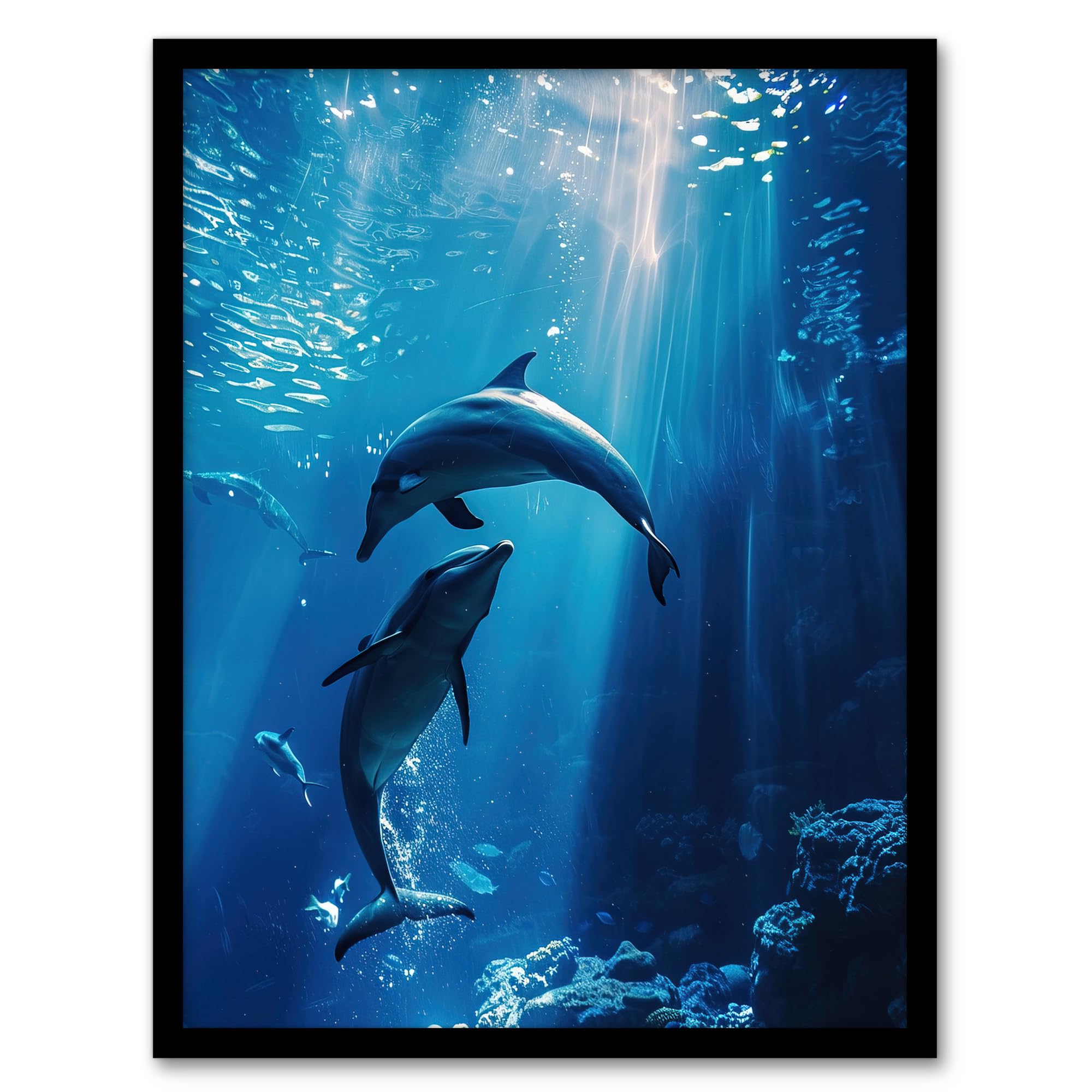 Artery8 Majestic Dolphins Marine Life Underwater Seascape Living Room Artwork Framed Wall Art Print A4