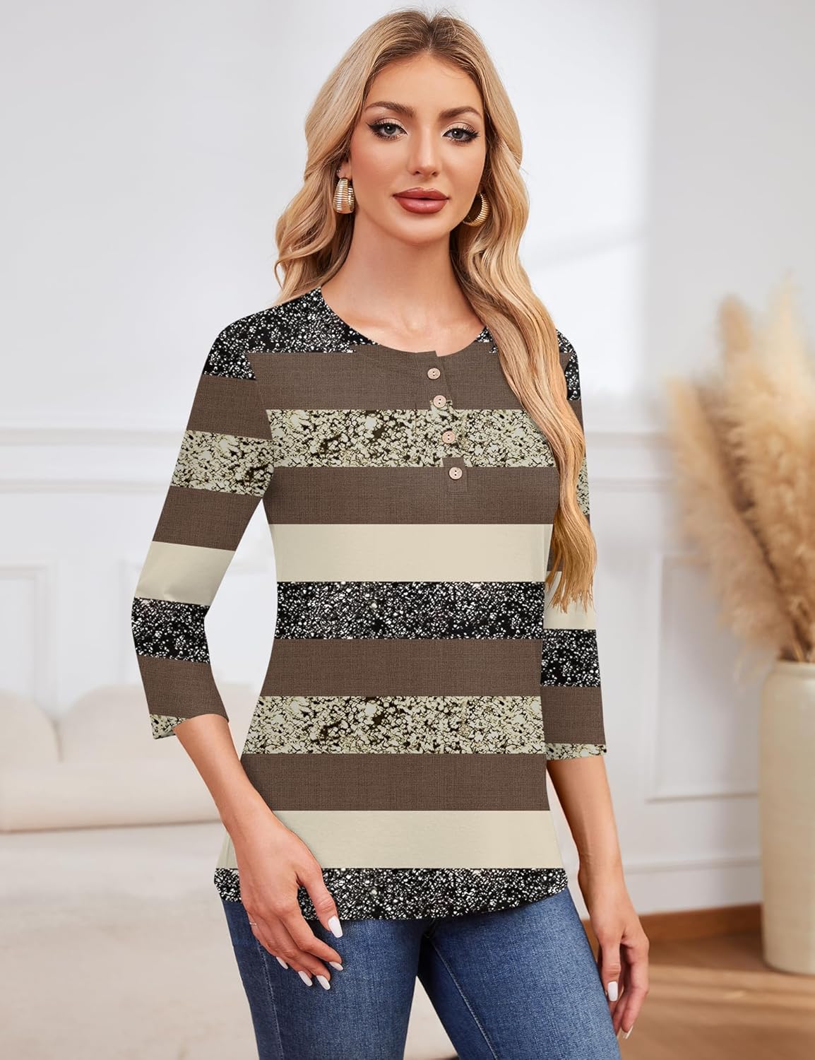 LOMON 3/4 Length Sleeve Womens Tops Dressy Casual Crewneck Pullover Tunics Summer Cute Blouses Fashion 2025 Tees Shirts - Image 4