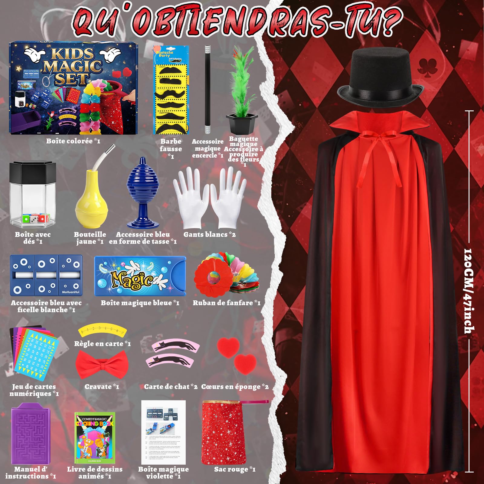 BuzzoXerex Kit de Magie, Coffret Magie Enfant avec Déguisement Magicien Enfant, Accessoires de Magicien et Instructions, Tour de Magie Enfant 6 7 8 9 10 11 12 Ans pour Garçons et Filles Carnaval