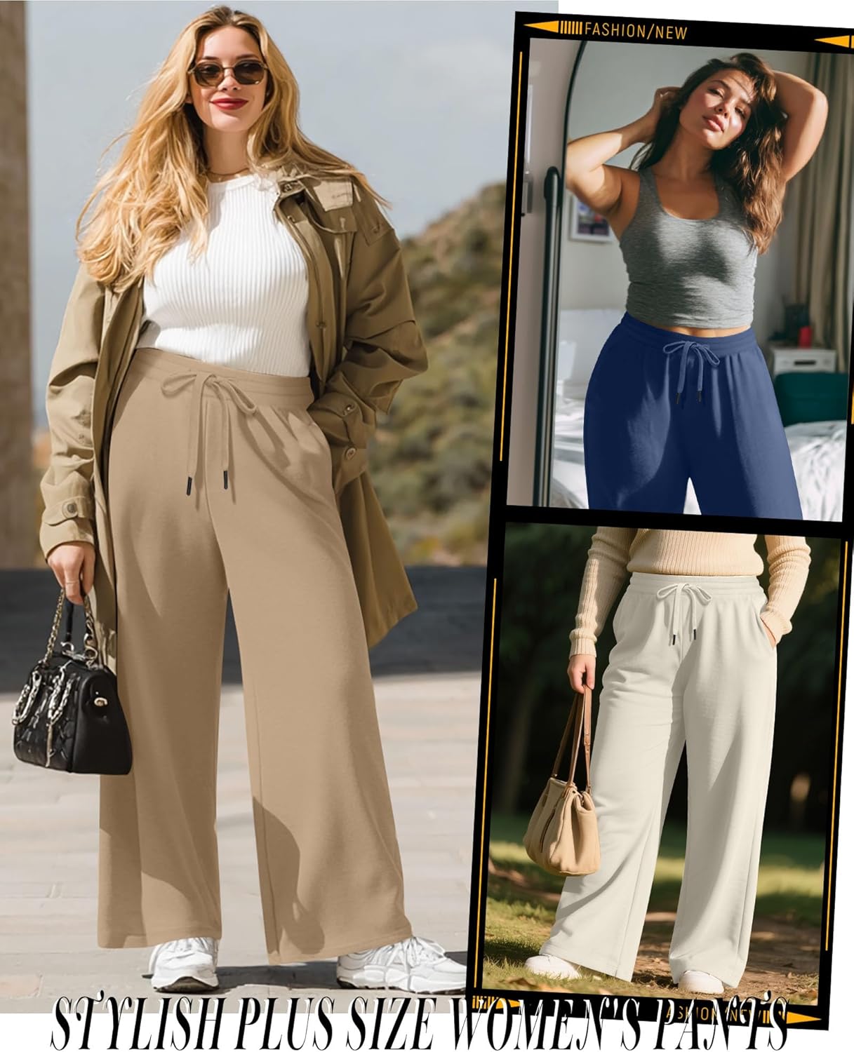 Huukeay 3 Pack Women's Plus Size Pants Wide Leg Yoga Pants Baggy Lounge Sweatpants with Pockets Drawstring High Waist Jogger - Image 2