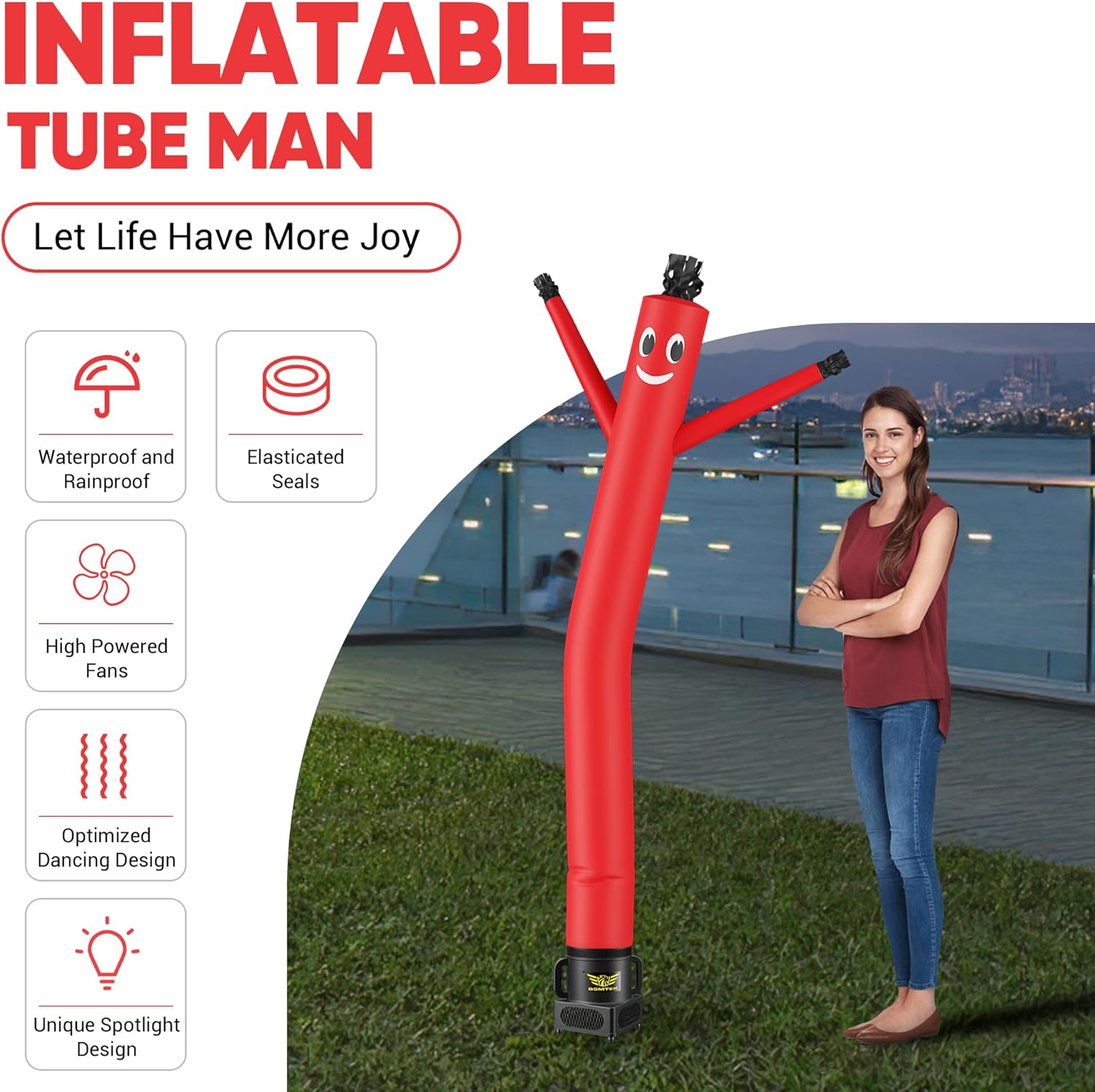 7FT Air Inflatable Waving Tube Man Set with Blower & Wheel, Air Puppet Dance Artist for Mall Opening, Amusement Park, Outdoor Decoration，Red
