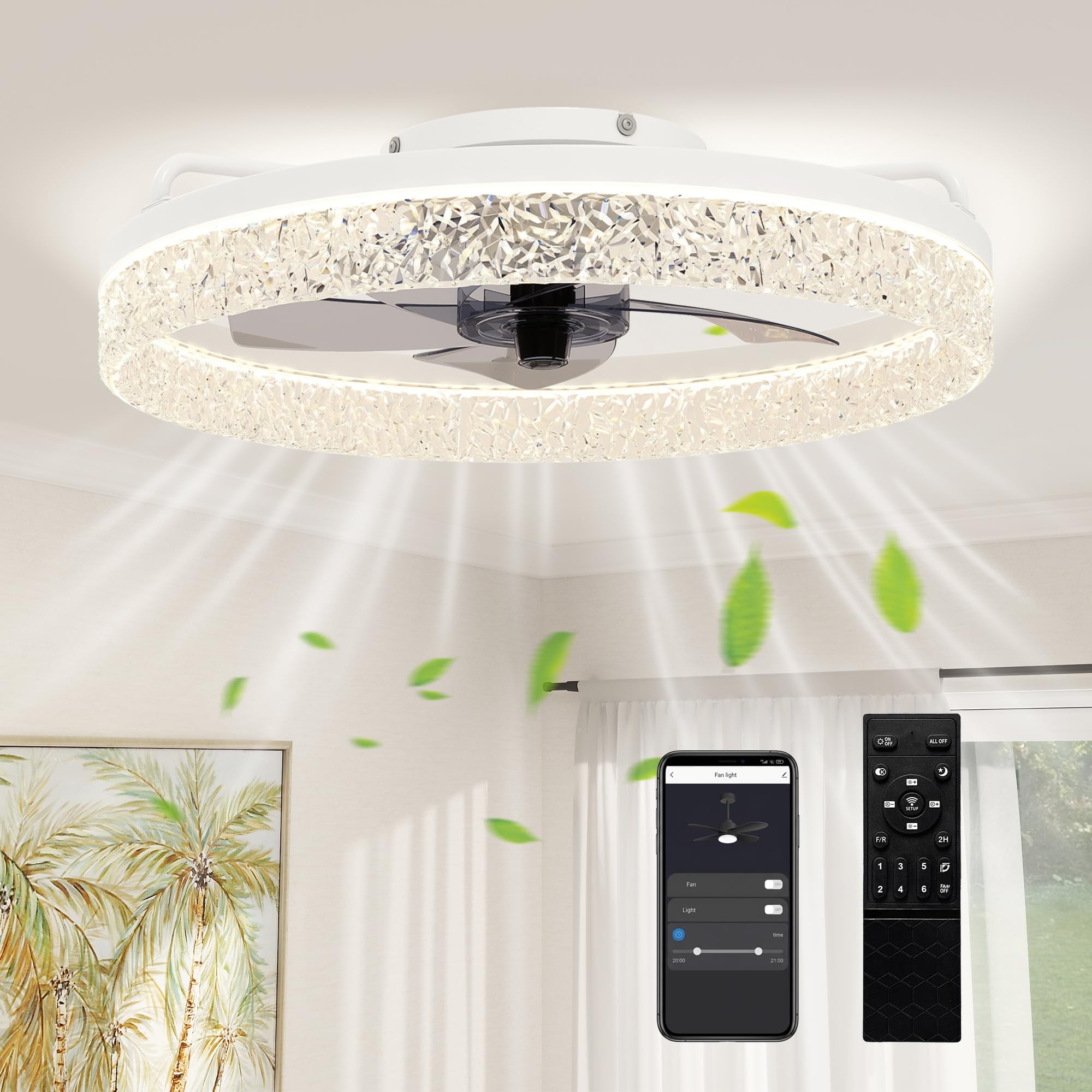 HOMCOM Ceiling Fans with Lights & Remote & App Control for Bedroom in White | Size: Small