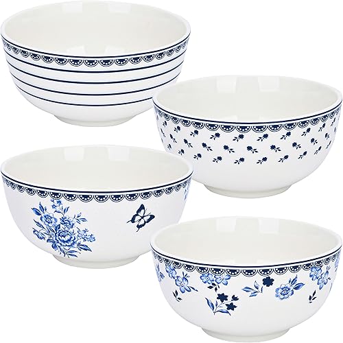 Miniatura 2 de STPGoods Cereal Bowls Set of 4 - Porcelain Oatmeal Bowls, 21 Ounce Stackable Kitchen Set of Bowls, Blue Floral Round Bowl for Salad, Soup, Microwave