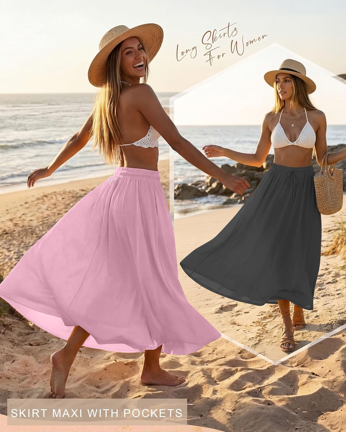 Ficerd 3 Pack Women's Maxi Long Skirts, Ankle Length a Line Elastic High Waist Summer Casual Drawstring Skirts with Pockets - Image 3