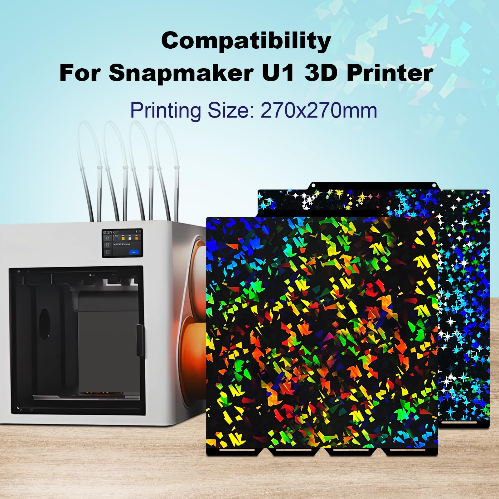 IdeaFormer Holographic U1 Druckplatte für Snapmaker 276x293mm, Rainbow Confetti PEF+Galaxy PEY U1 Build Plate Spring Steel Druckbett für Snapmaker U1 3D Drucker Plattformen