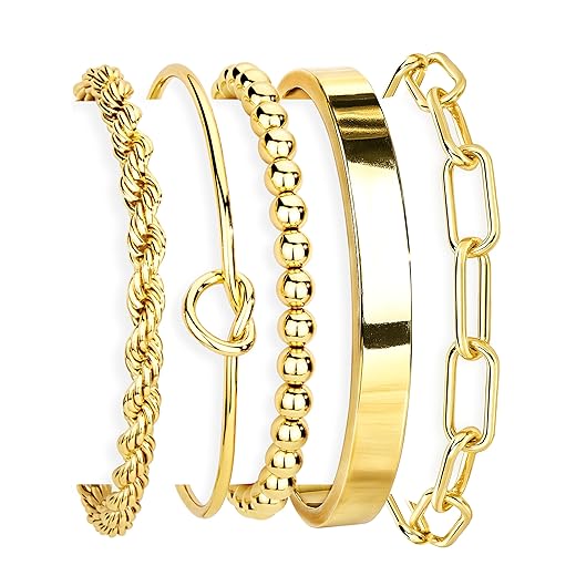Gold Bracelets for Women Non Tarnish, 14K Gold Plated Chunky Cuff Bracelet Gold Bangles Bracelet for Women Trendy Tie Knot Cuban Rope Paperclip Beaded Bracelet Stack Jewelry Gifts