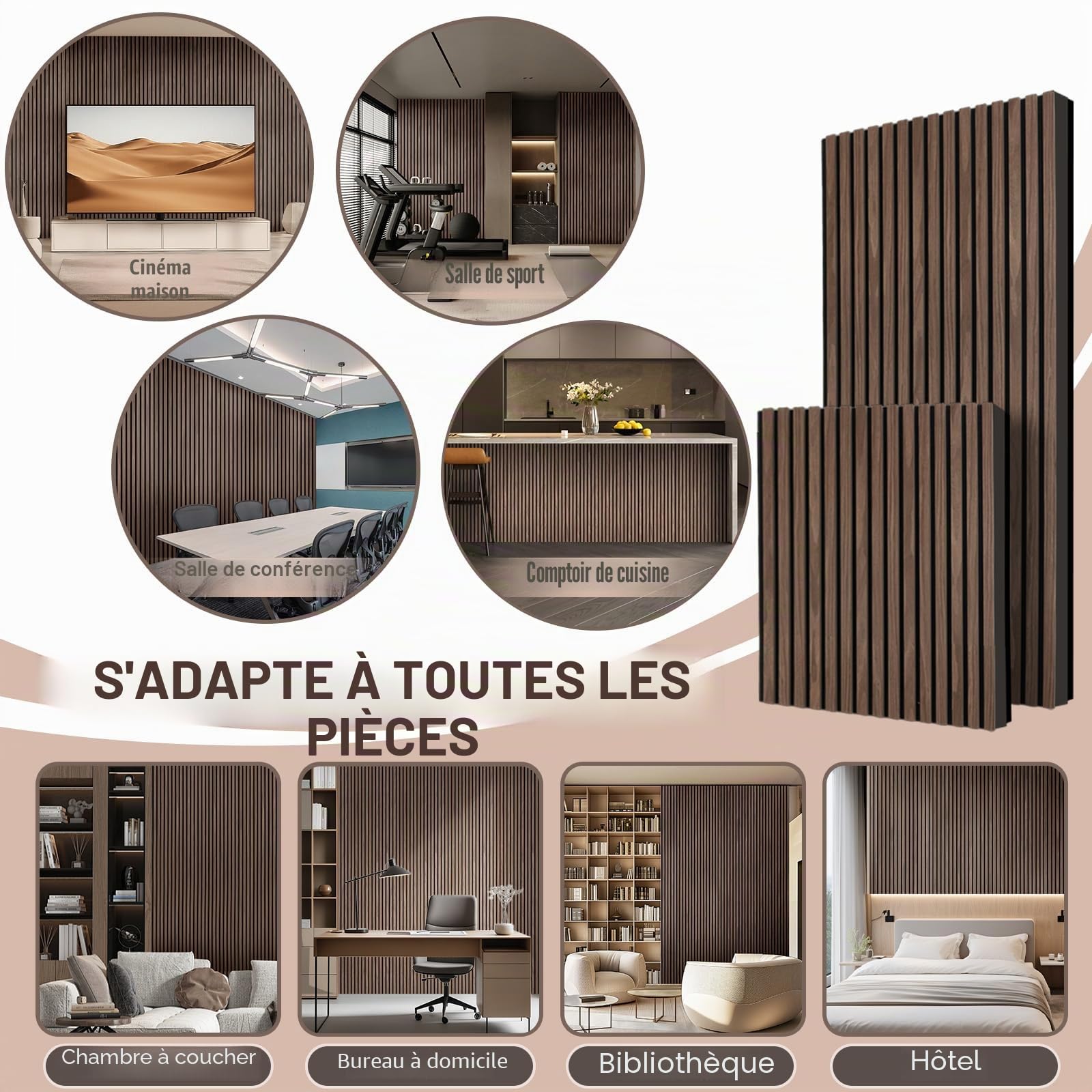 AKK-STAVE Panneau Acoustique Mural Bois 240x60 cm (1,44 m²) – Panneau Mural pour Isolation Phonique | Panneau 3D Décoratif, Absorbeur de Bruit, Revêtement Mural pour Salon (Noix Noire)