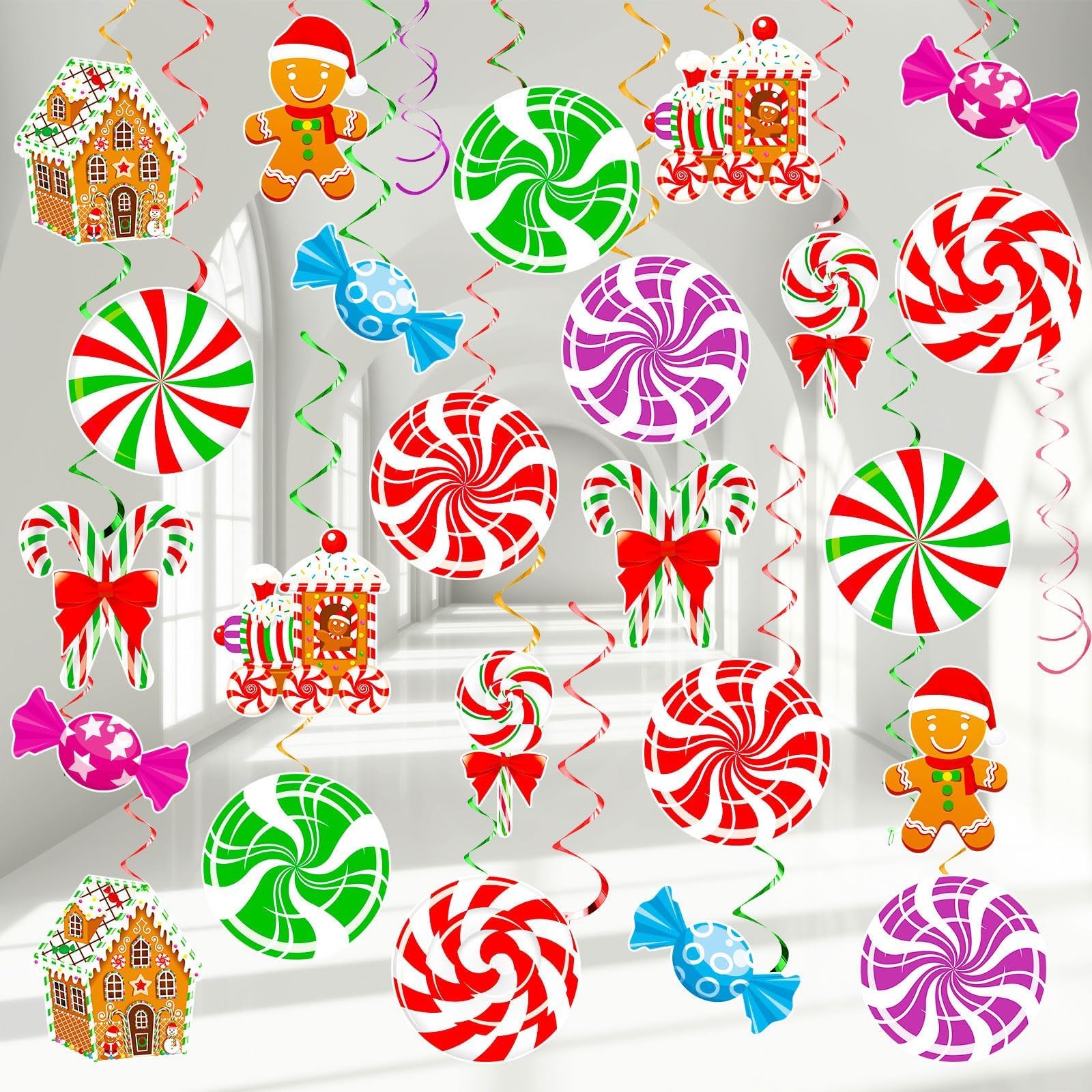 Gingerbread Christmas Hanging Swirls Decorations Candy Theme Hanging Decorations Gingerbread Man Ceiling Decor Ornaments for Indoor Outdoor Xmas Winter Holiday Party Supplies