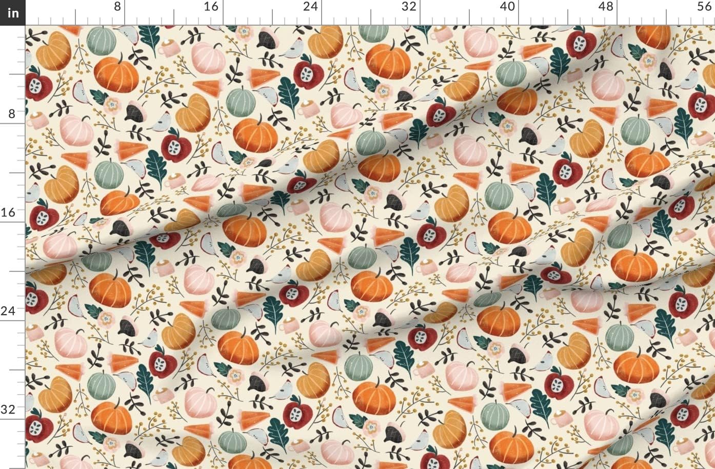 Spoonflower Fabric - Pumpkins Pie Autumn Fall Cream Leaves Floral Berries Printed on Organic Cotton Sateen Fabric by The Yard - Sewing Quilting Apparel Home Decor