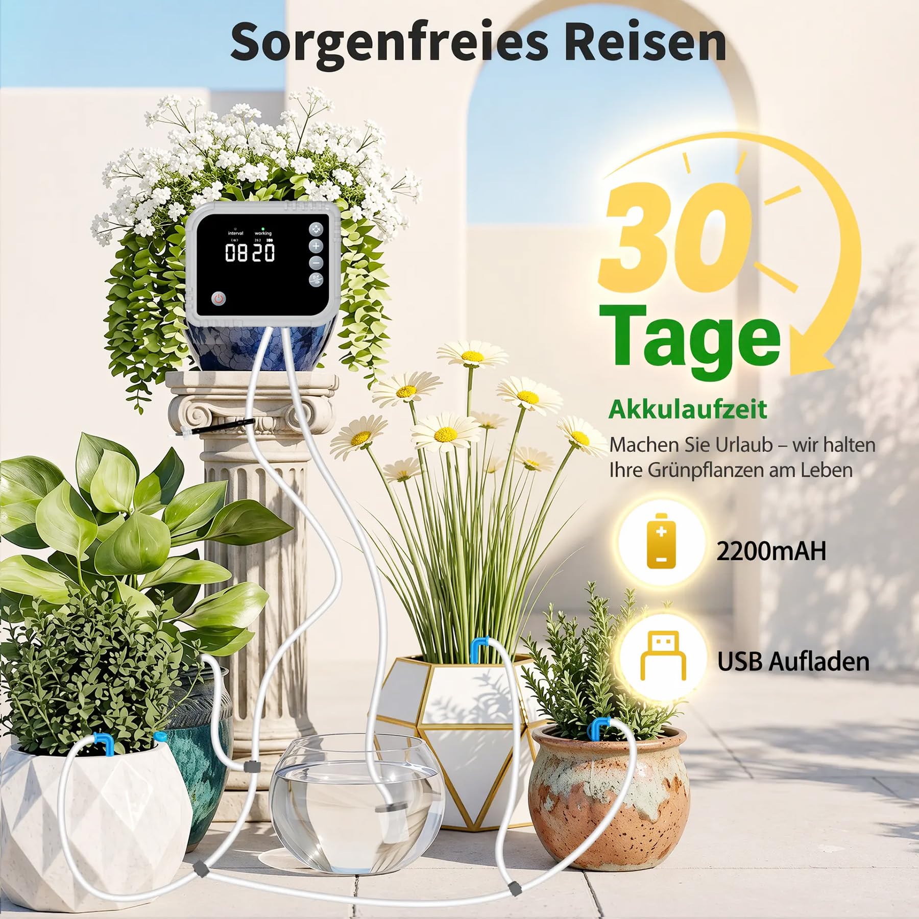 Sistema de riego automático de riego por goteo para riego de plantas interior, pantalla LCD, suministra hasta 15 macetas, 350 modos para vacaciones, balcón