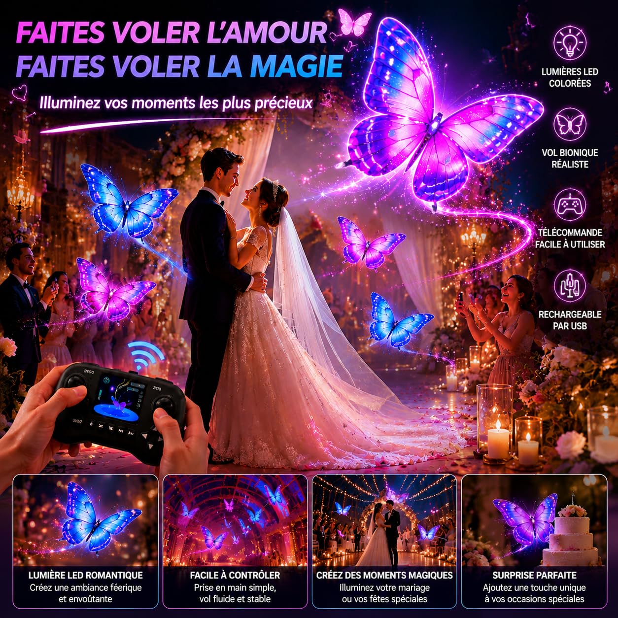 Drone ornithoptère papillon bionique radiocommandé avec capteurs 2.4 GHz jouet insecte volant fait main avec éclairage LED 3 piles plus de 15 minutes de vol pour débutants et adultes