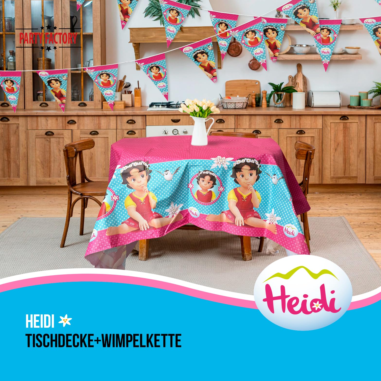 Heidi – Zeichentrick Geburtstagsdeko Komplettset für Kinder - 63 tlg. Tischdeko Pappgeschirr mit Wimpelkette für Kindergeburtstag & Mottopartys - Party Deko Bundle mit Tellern, Servietten etc.