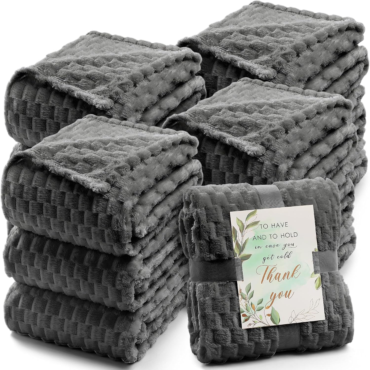 Buryeah 12 Pcs Wedding Favors for Guests Bulk Flannel Throw Blanket Bulk with Thank You Card and Ribbon, 50 x 60 in Jacquard Turtle Velvet Sleepover Throw Blankets, Outdoor Wedding Ideas (Dark Gray) Dark Gray 12