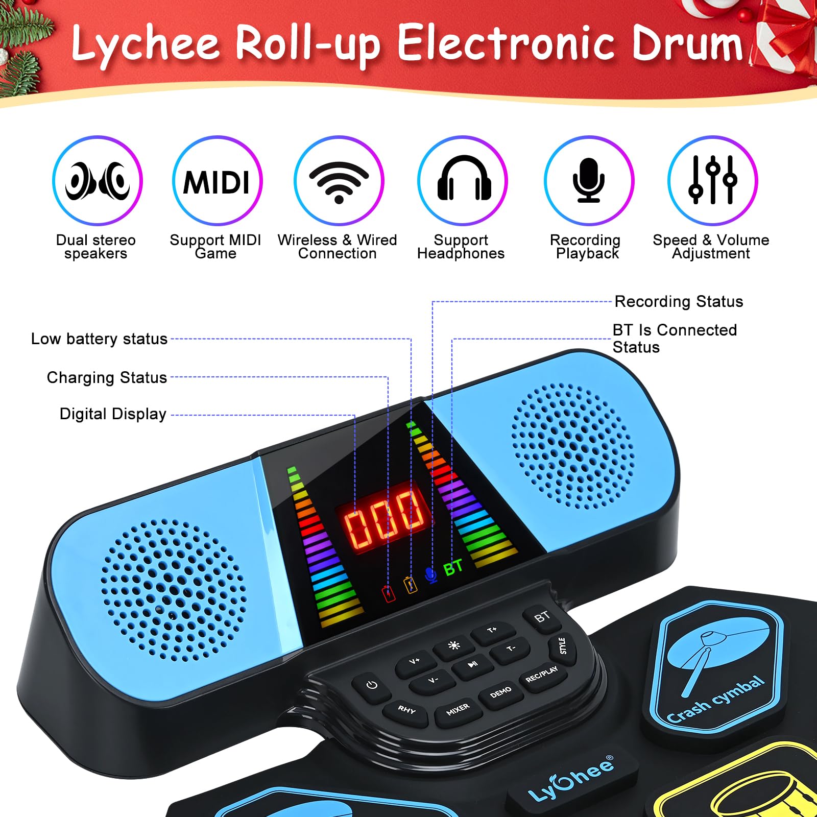 Lychee Batteria elettronica, pieghevole, 9 pad, batteria elettronica stereo, altoparlanti integrati, supporta collegamento esterno, regalo eccellente