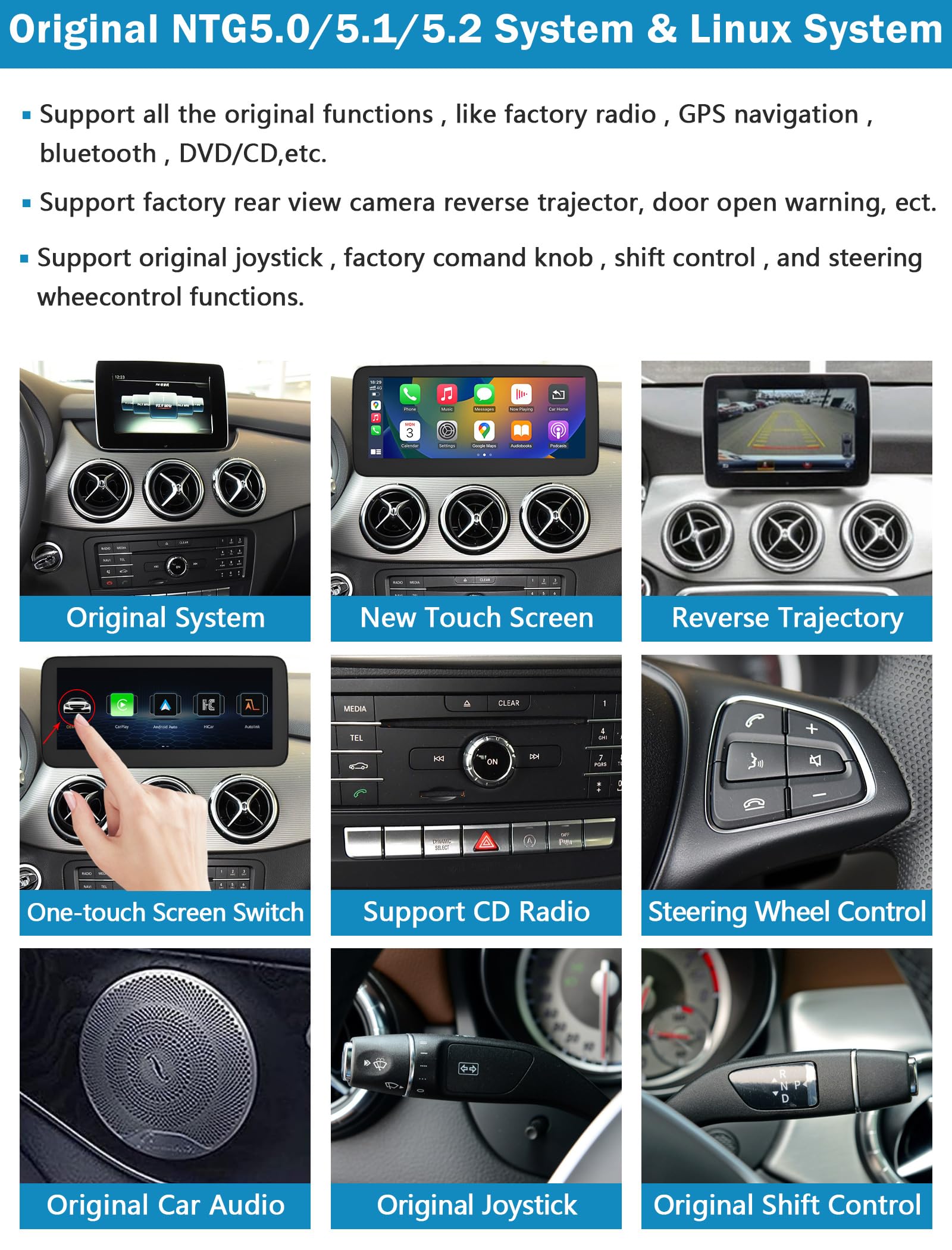Autoradio 12,3 pollici Touchscreen per Mercedes Benz Classe B W246 2015-2018 con NTG 5.0/5.1/5.2, supporta Apple Carplay/Android Auto/Mirrorlink