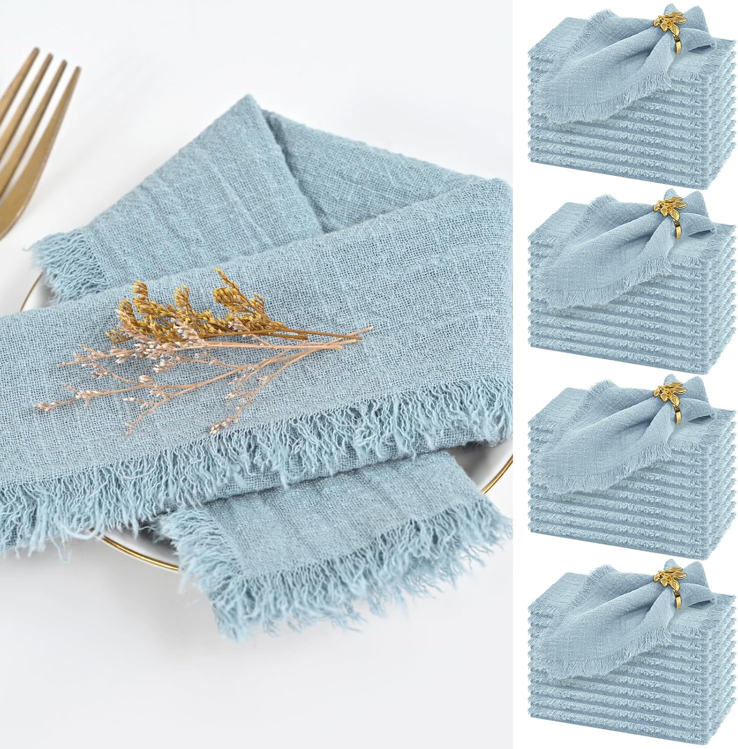 40 Packs Dusty Blue Cloth Napkins Cotton Linen Napkins Bulk 16.5 x 16.5Inch Handmade Gauze Napkins with Fringe, Natural Soft Cotton Rustic Dinner Napkins for Wedding Party Christmas Decoration