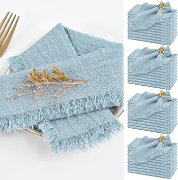 40 Packs Dusty Blue Cloth Napkins Cotton Linen Napkins Bulk 16.5 x 16.5Inch Handmade Gauze Napkins with Fringe, Natural Soft Cotton Rustic Dinner Napkins for Wedding Party Christmas Decoration