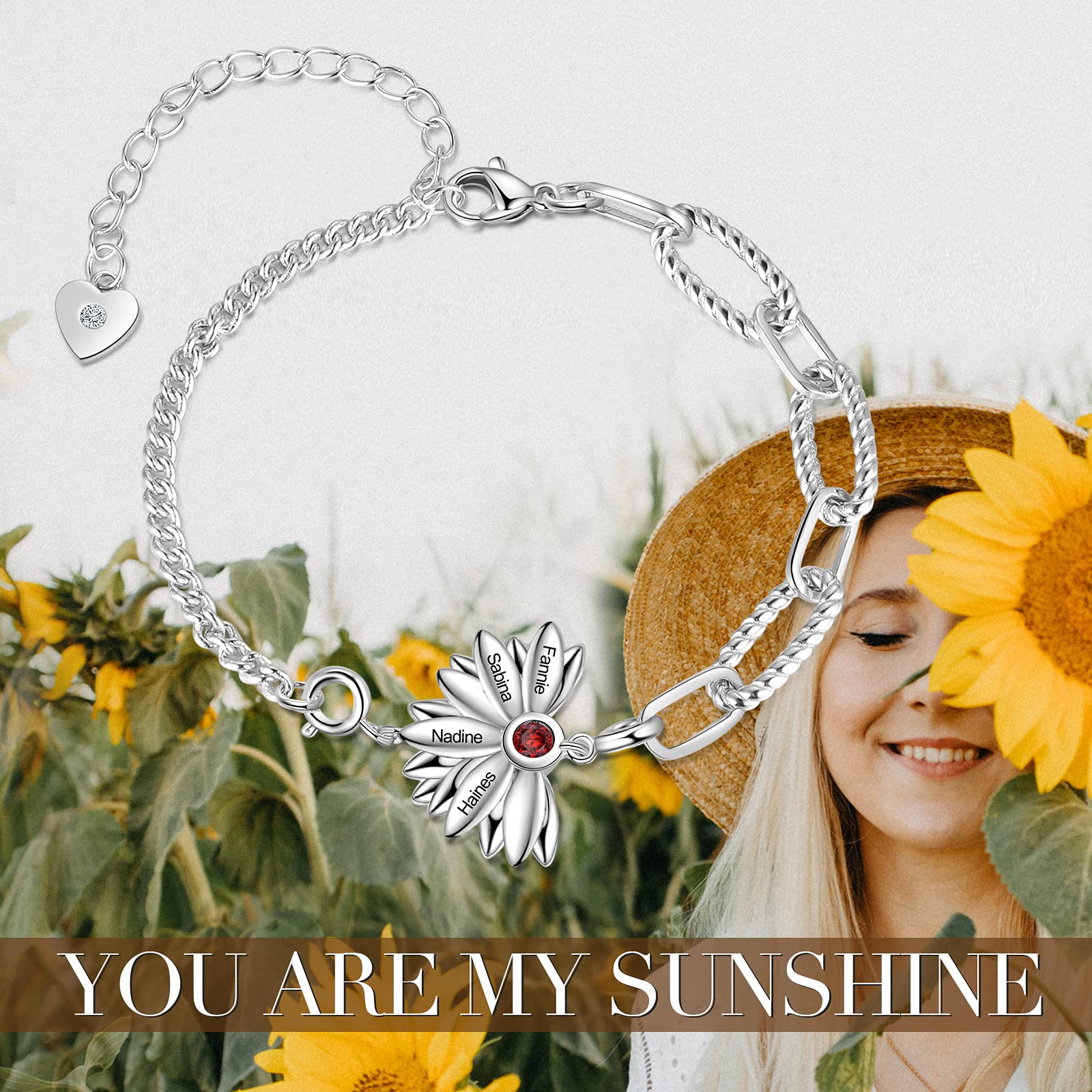Pulsera personalizada para mujer, pulsera de plata 925 con piedra natal ajustable de girasol grabado con 2 nombres, joyería de Navidad, regalos para mamá o novia, cumpleaños, Cubic Zirconia,