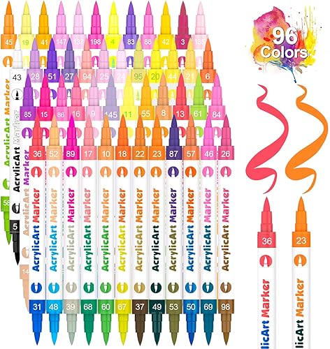 Banral Marcadores de pintura acrílica de 96 colores, 48 unidades mejoradas de punta de pincel doble y bolígrafos de pintura de dos colores para
