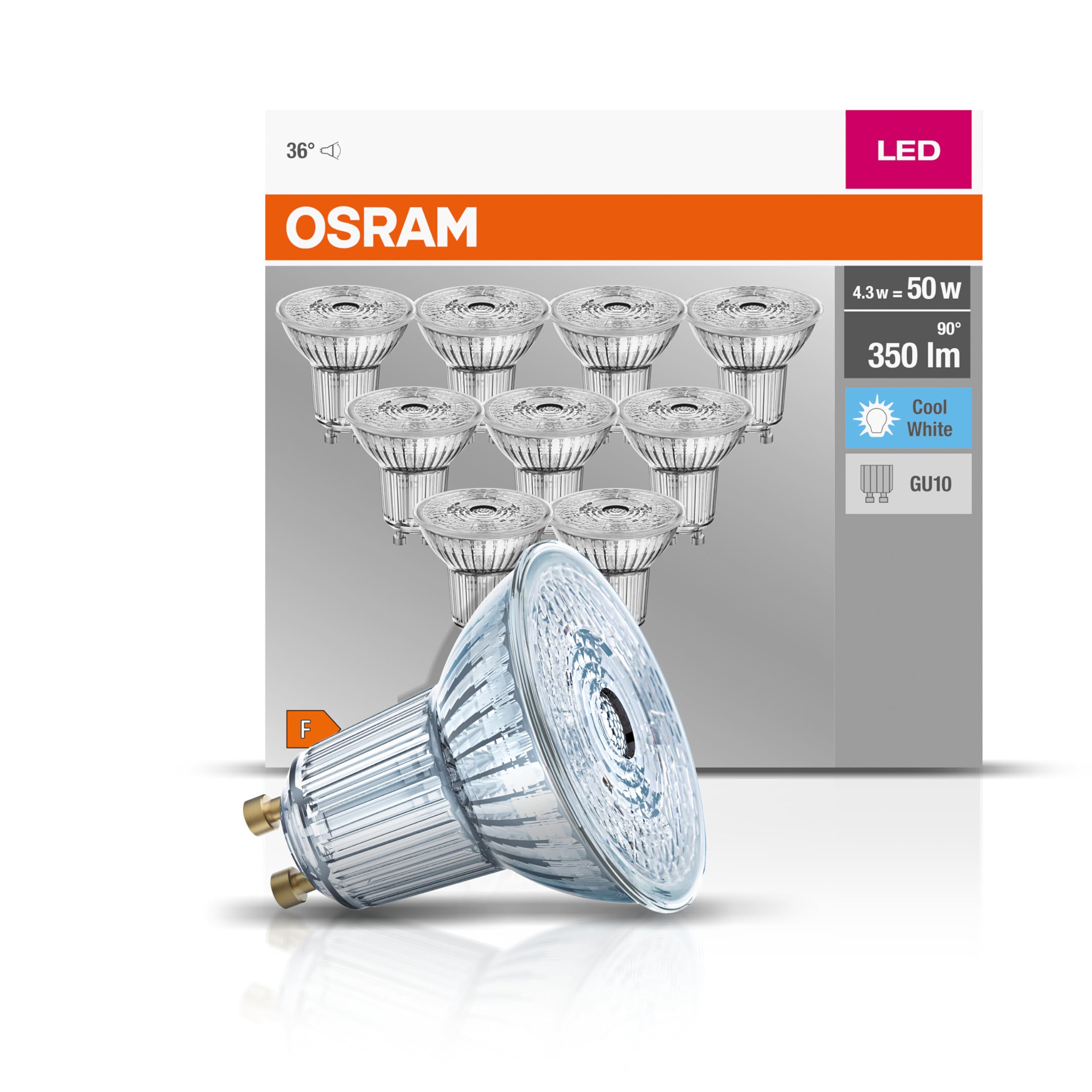 Osram Base Par16 LED Reflector Lamp, Glass, Cool White, GU10, 4.3 W, Set of 10