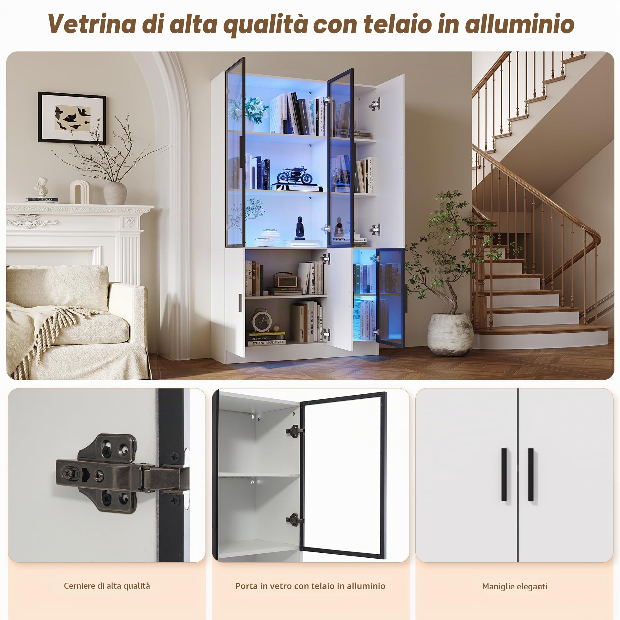 Vetrina moderna in vetro con LED, armadio alto bianco, legno e alluminio, 120 x 35 x 200 cm, 3 ante in vetro, per soggiorno, camera da letto, ufficio