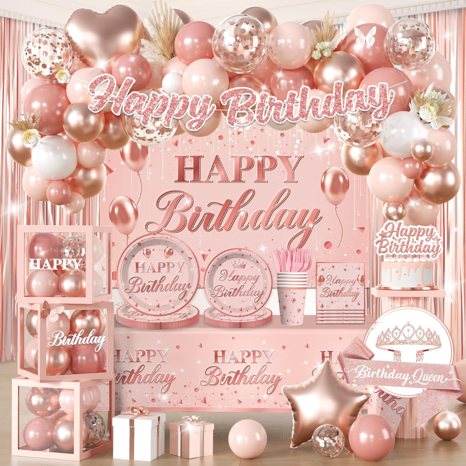 266Pcs Rose Gold Birthday Decorations, All-in-One Set for 20 Guests