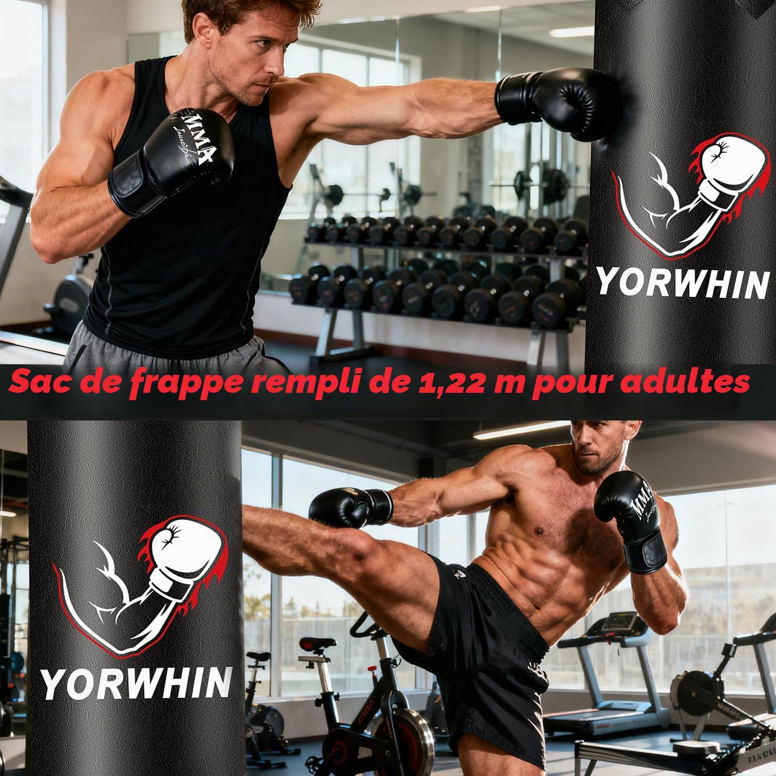 YORWHIN Sac de Frappe, Sac de Boxe Professionnel 120cm avec Gants et 5KG de Mousse Rembourrée pour Formation de MMA Muay Thai Kickboxing, avec Chaine Suspension Boxe Punching Bag