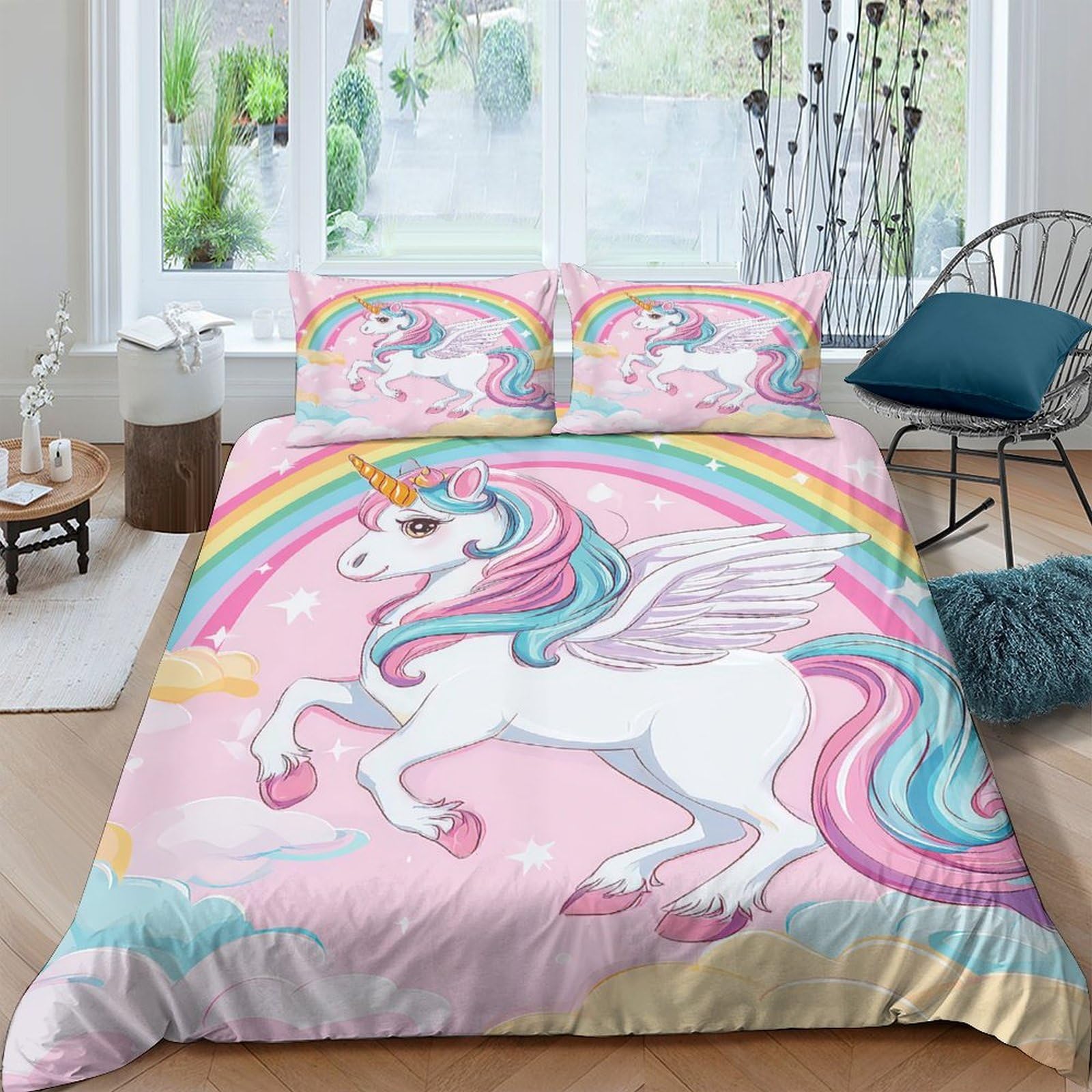 Ctjqhvkz Style-1 3D Printed Rainbow Unicorn Fitted Sheet Microfiber Pink Fantasy Cloud Mattress Cover For Bedroom Guest Room Decor Single（135X200cm）