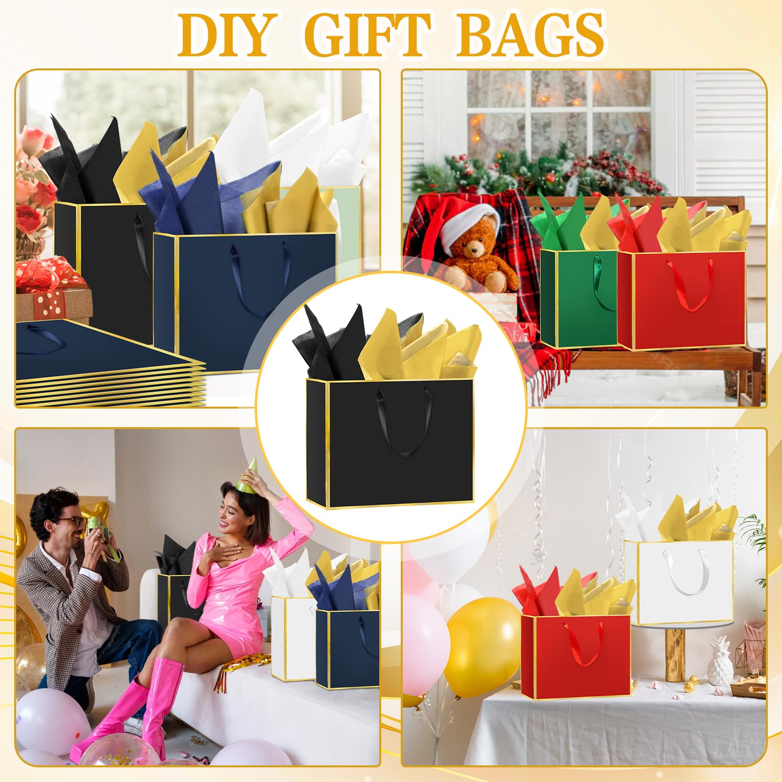 Epoesch 12 Pack Black Gift Bags with Handles – Includes 24 Tissue Paper – 11.8"x10"x4" – Elegant 5 Senses Gift Bags for Wedding, Bridesmaids, Groomsmen, Guests, Easter, Father's Day, Holidays (Black Gold)