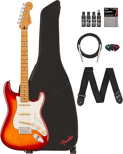 Miniatura 25 de Fender Player II Stratocaster - Paquete Rojo Coral con Funda, Correa, Cable, Paquete de 3 Púas y Kit de Limpieza de Guitarra CORAL ROJO,Cereza (Aged
