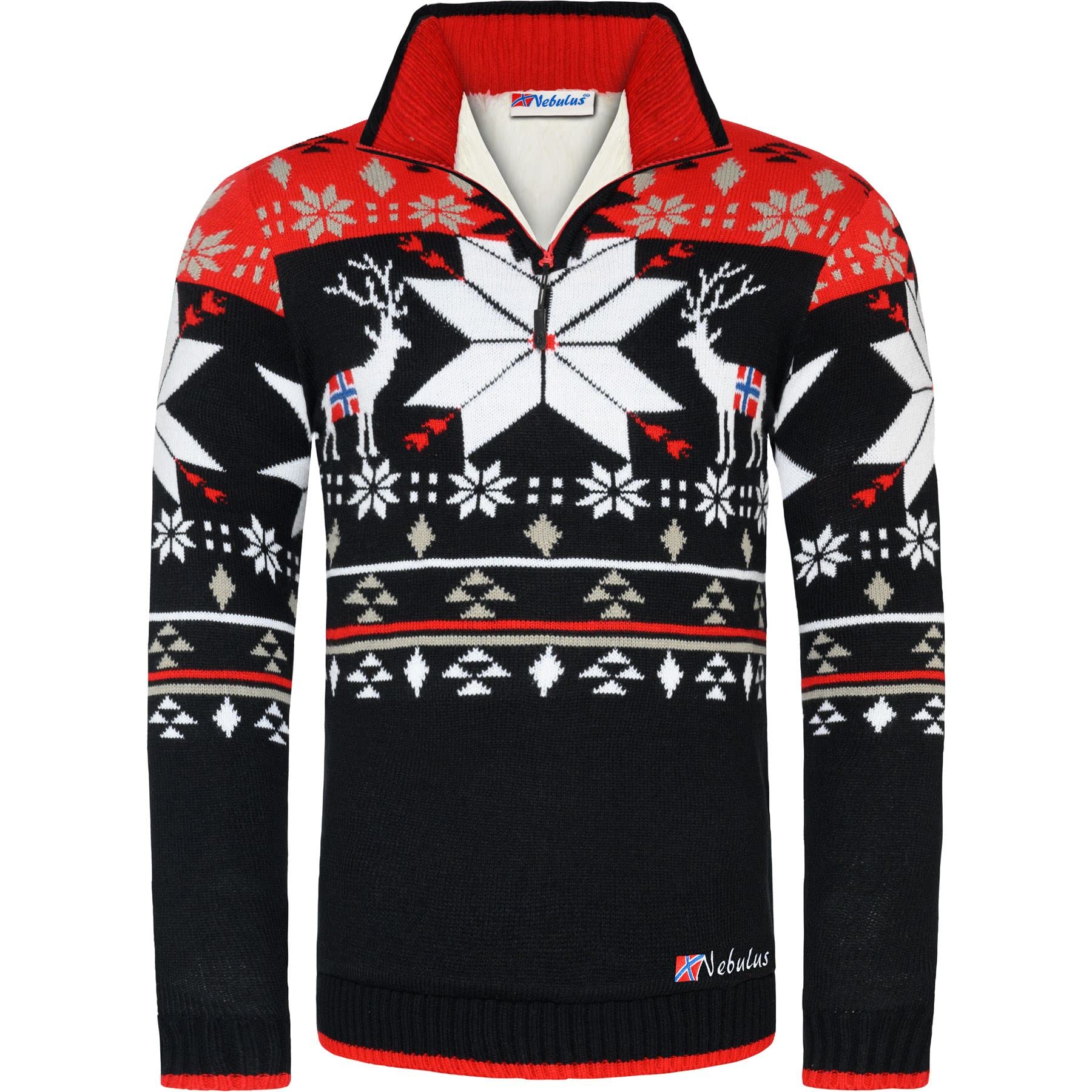 Nebulus Herren Strickpullover Fria, Warmer Strick Pullover mit Kunstfell & Stehkragen, Pulli mit Reißverschluss im Norweger Look