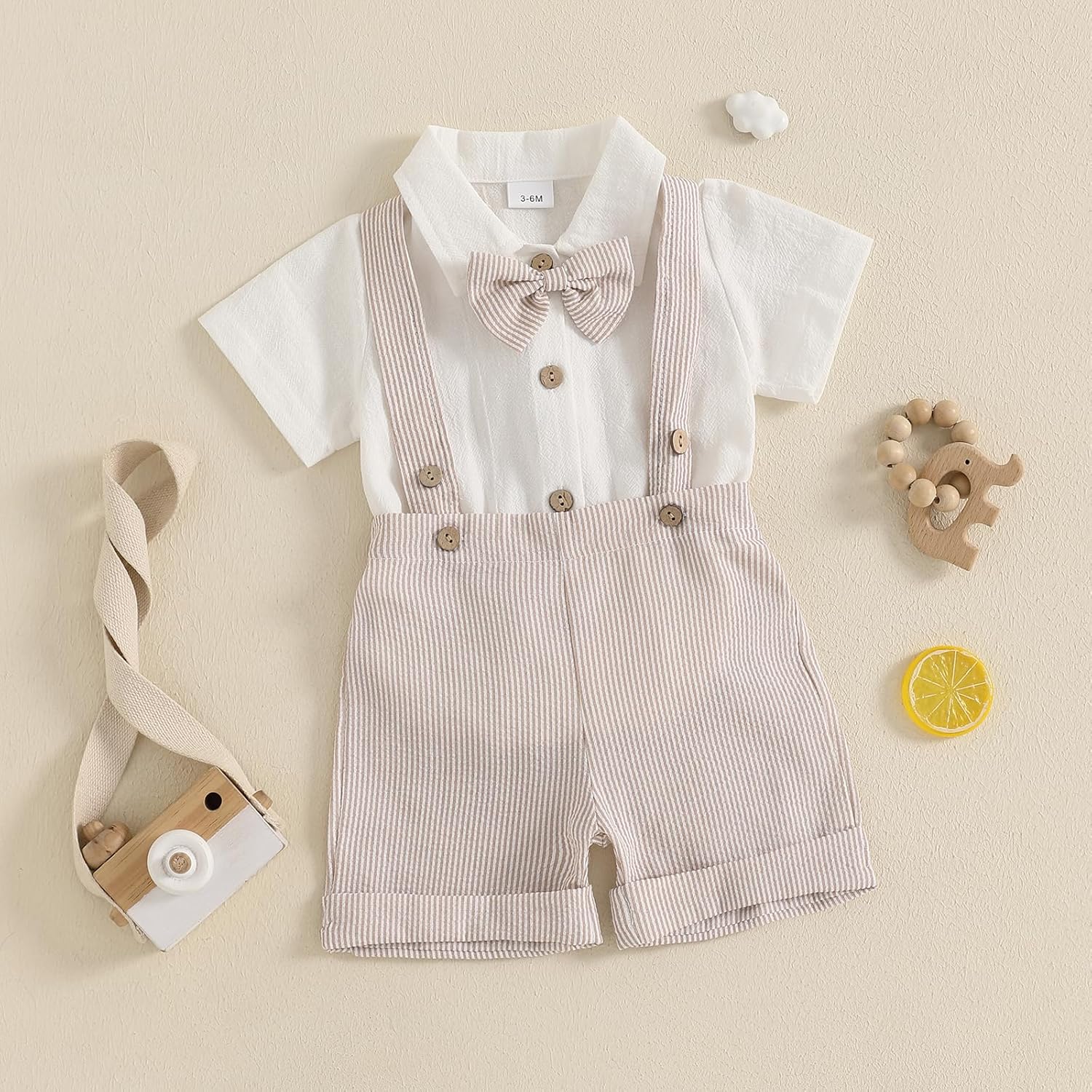 Baby Boy Gentleman Short Sleeve Lapel Neck Romper with Stripe Suspender Shorts and Bowtie - Image 3