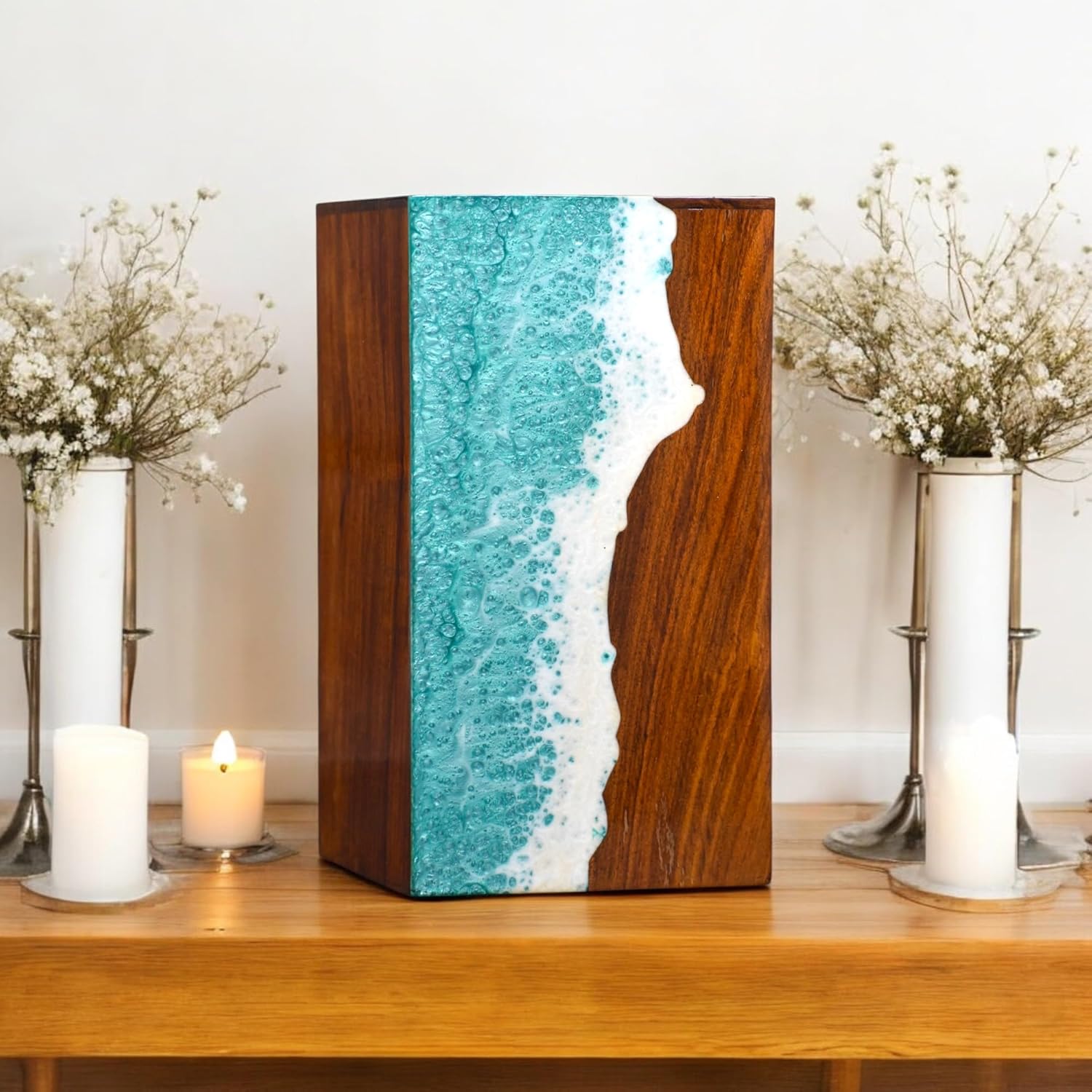 Wooden Urn for Human Ashes Adults, Men & Women - Handcrafted Urns with Ocean Resin Inlay - Unique Memorial Box for Ashes - Cremation Urns for Burial or Home Display (Small (110 Cu/in))