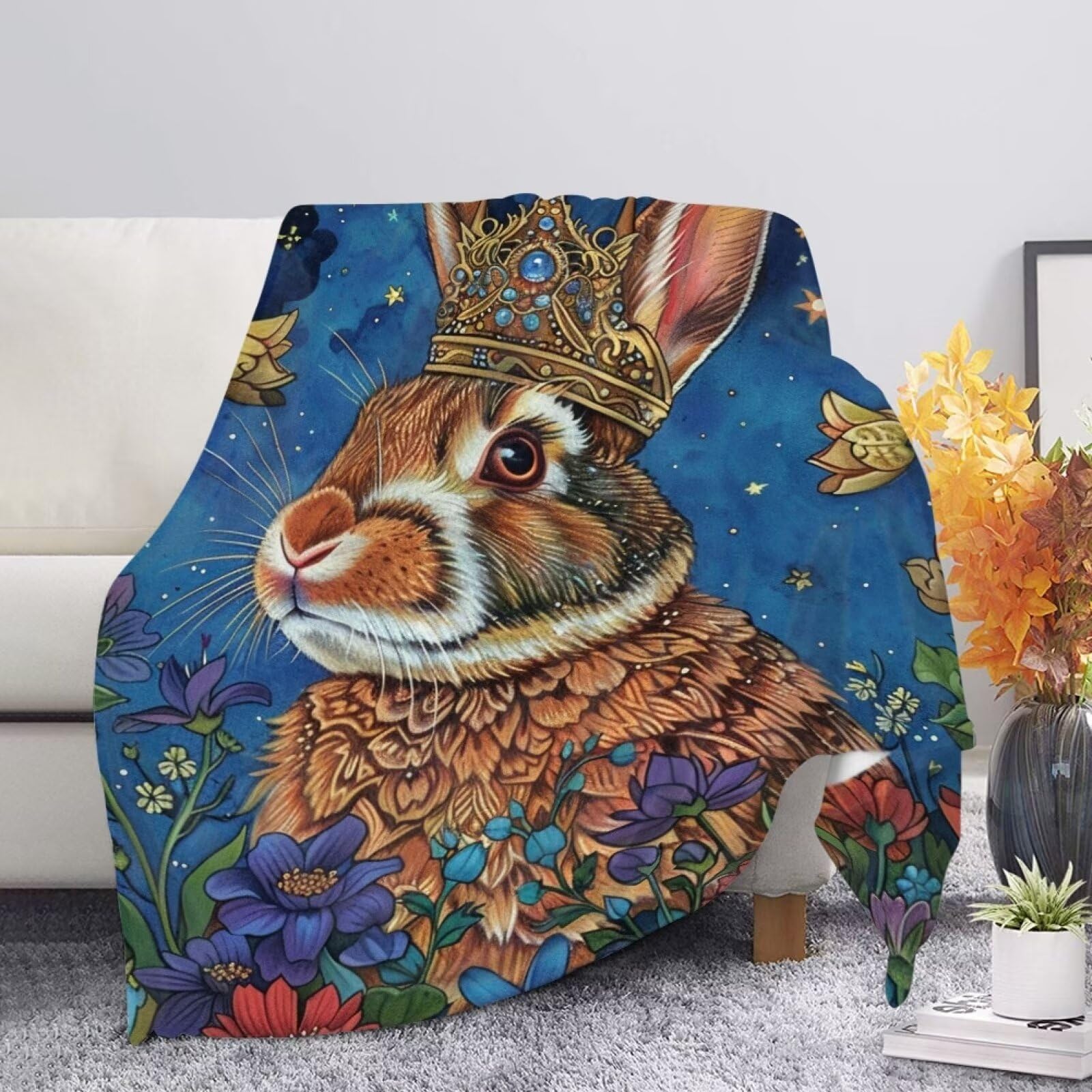 Allcute Floral Rabbit Throw Blanket for Couch Bed Cozy Blue Soft Blankets for Women Spring Winter Fall Sofa Blanket Home Decor