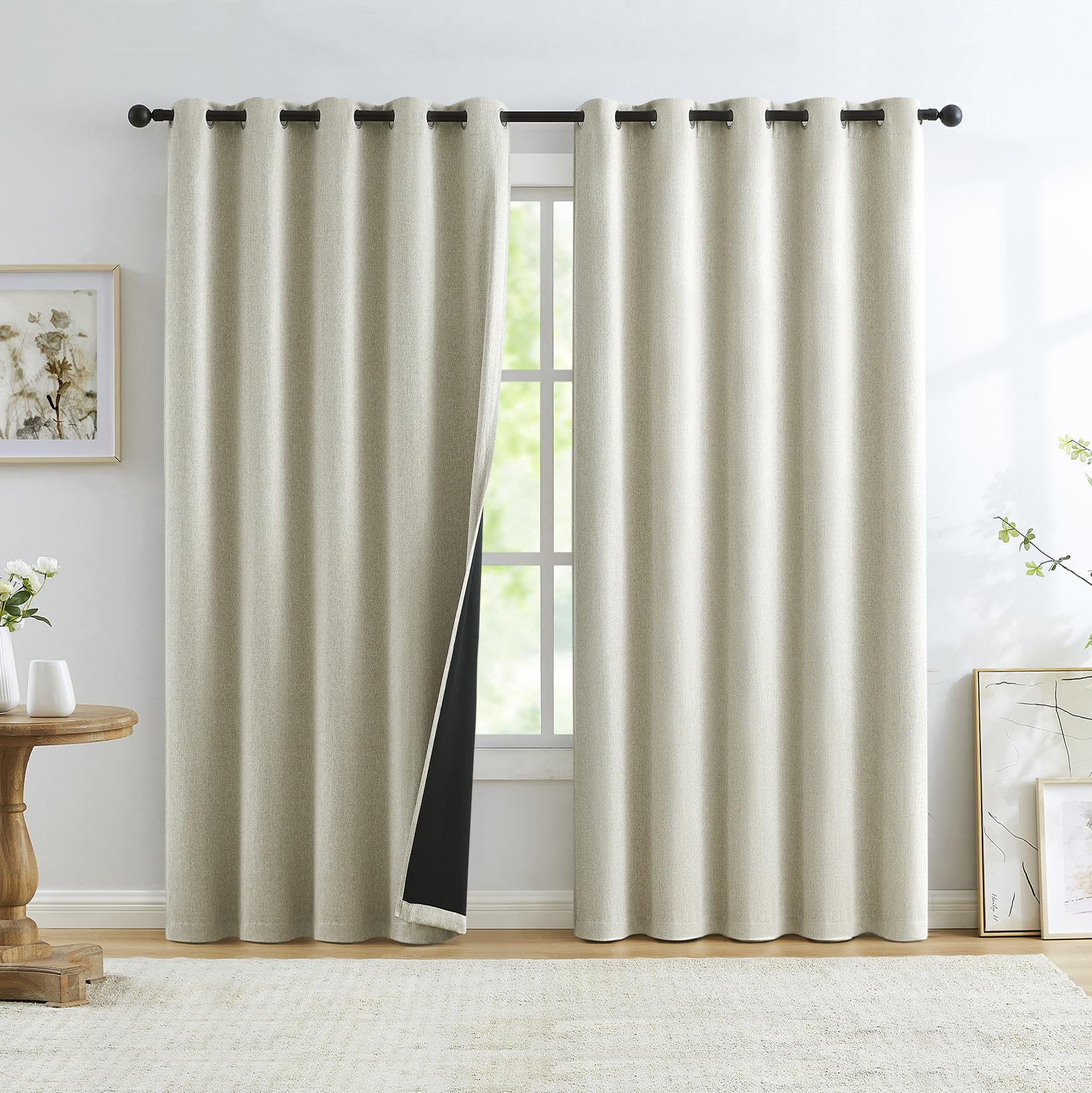 Total Blackout Natural Linen Bedroom Curtains Panels Casual Farmhouse Burlap Texture 100 Room Darkening Window Treatment Set Energy Efficient Draperies for Living Room 60"x72"x2, Beige