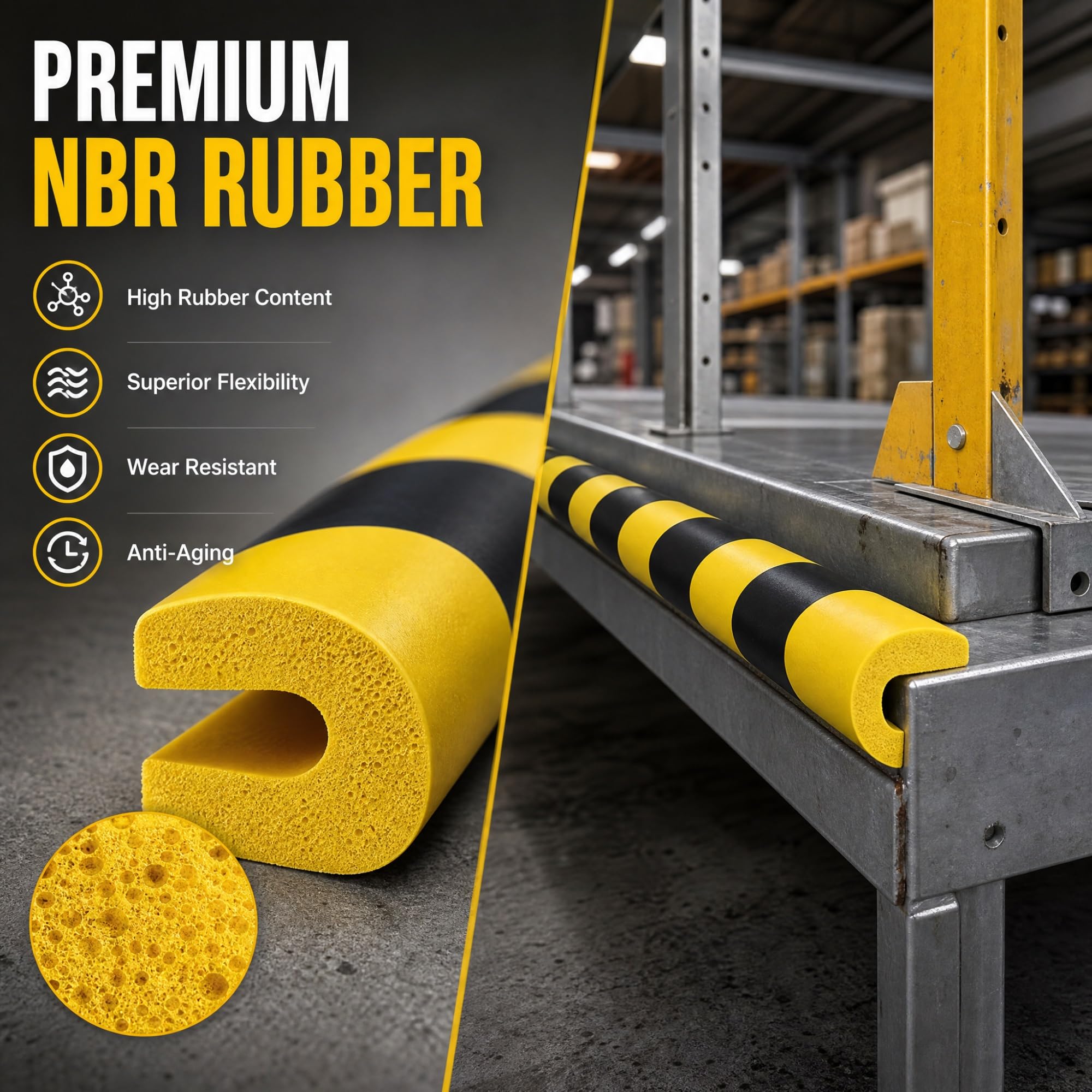 Protector Esquinas Pared Espuma Industrial, Pack de 4 Tiras Amortiguadoras 500cm Negro Amarillo, Protector Mural Autoadhesivo para Columnas y Garaje
