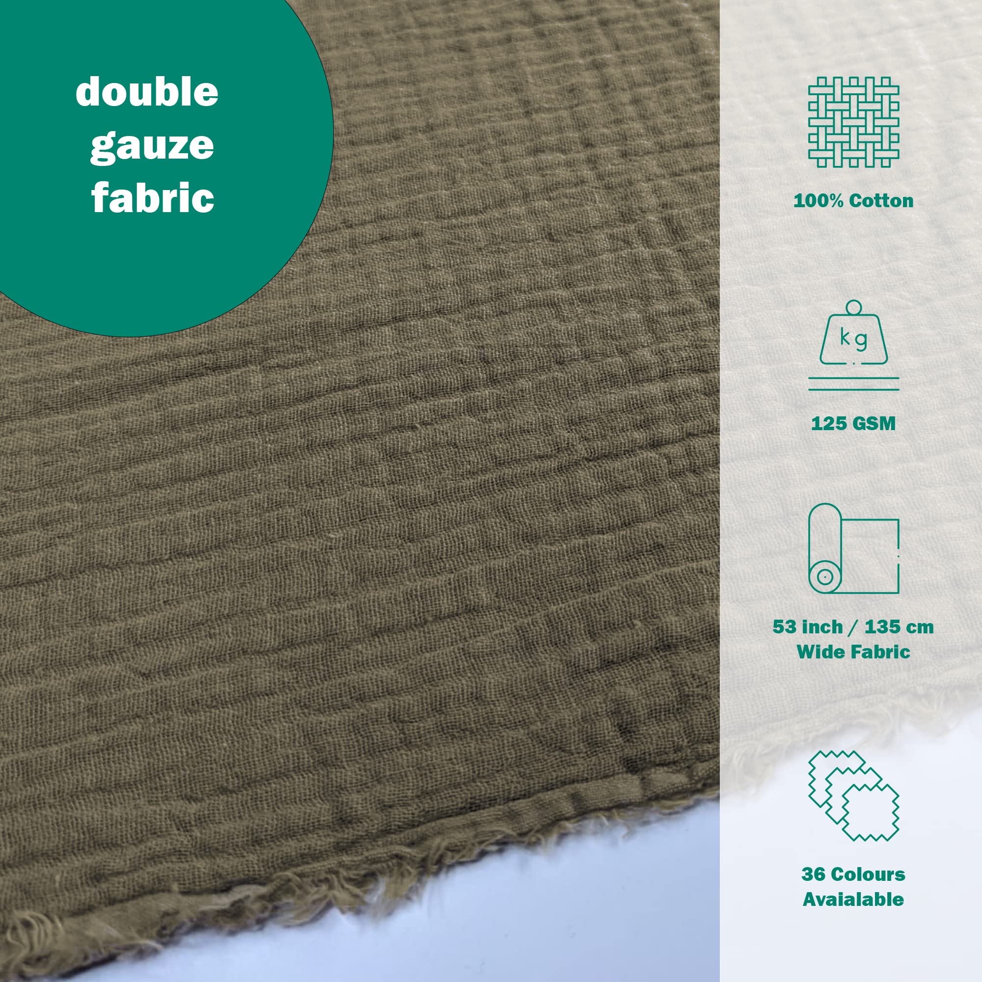 Double Gauze 100% Cotton Plain Fabric Dress Making Lightweight Muslin Baby Swaddle Blankets Scarves Summer Clothing | 53" - 135 cm Wide | per Metre (Taupe) - 2