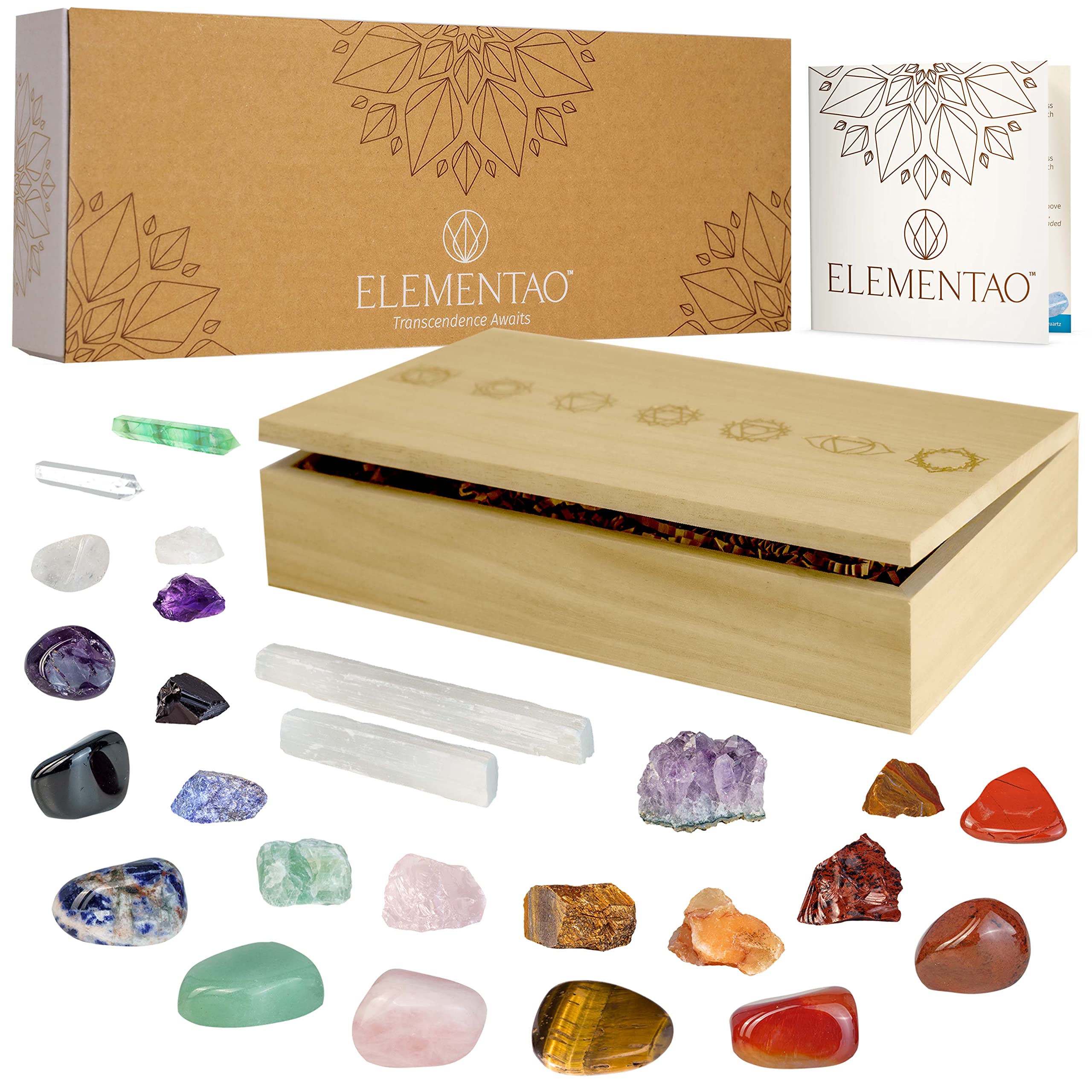Elementao Chakra Crystals & Healing Stones 25-Piece Set with Engraved Wooden Box