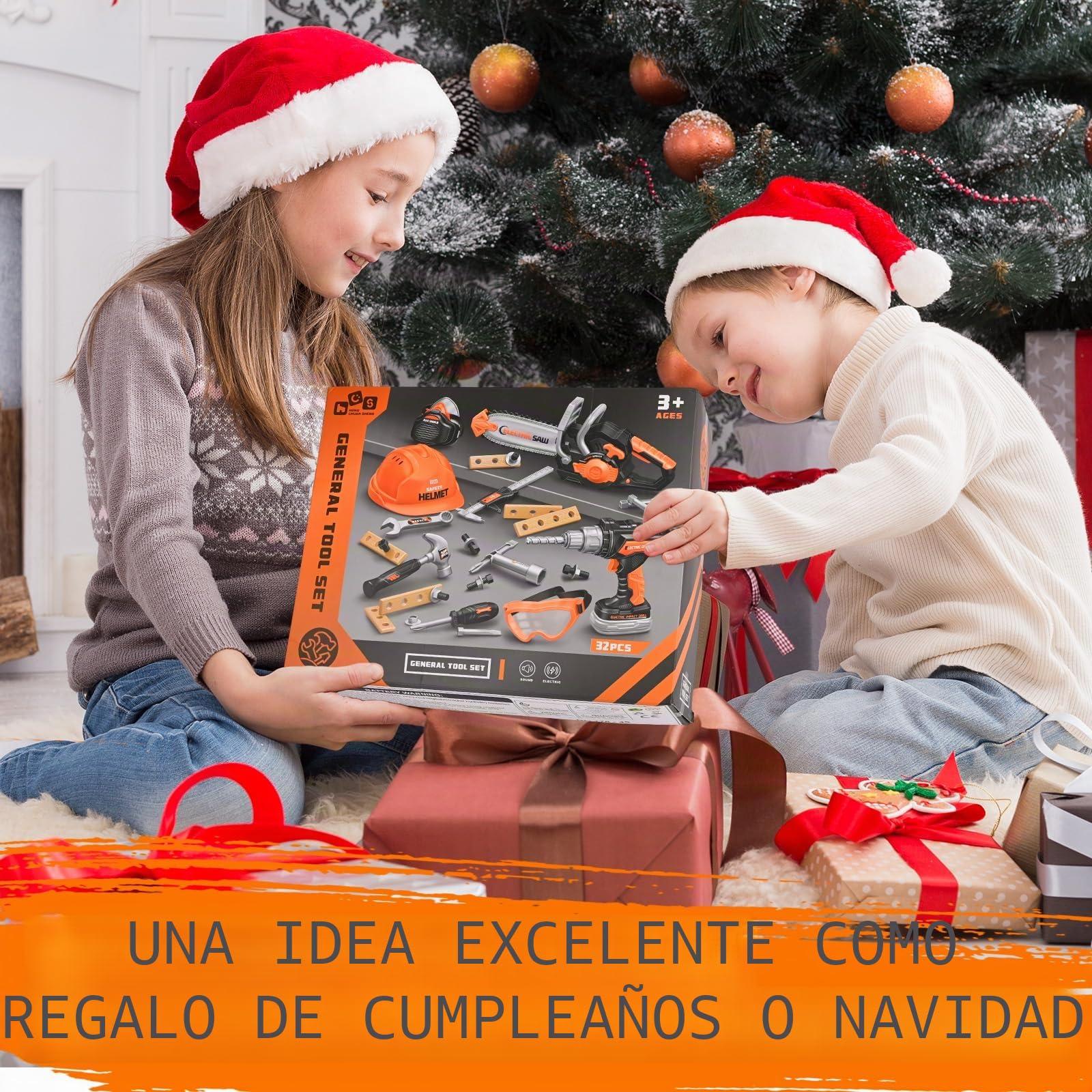 Caja Herramientas Juguete Niños 3 Años, 32pcs Herramientas Juguetes Taladro Niños con Taladro Eléctrico, Motosierra, Regalo Niño 3 4 5 6 Años