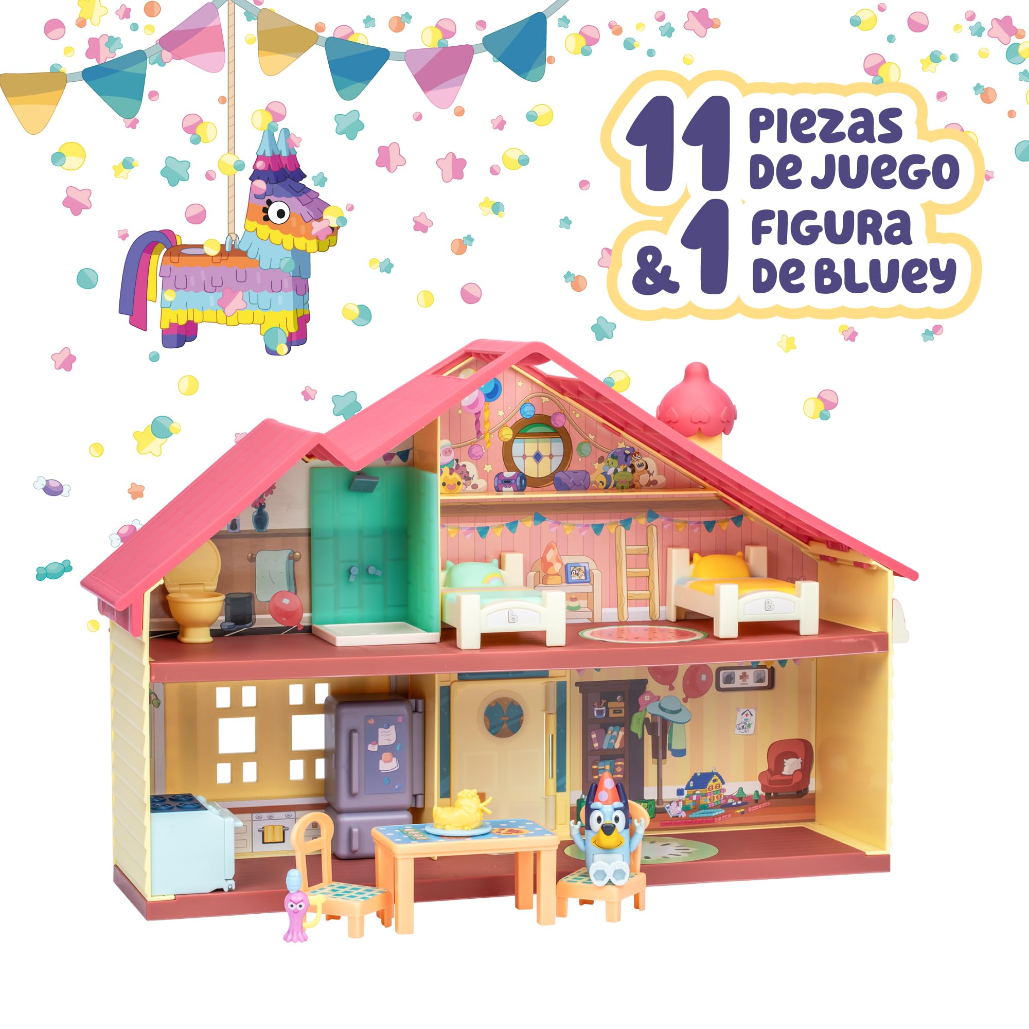Bluey – Family House Playset, Casita de Juguete del Perrito, Cierra para Guardar Todo y asa para Jugar y Llevarla Todos Lados, Muebles y Accesorios y Una Figura articulada, Famosa (Bly04000)