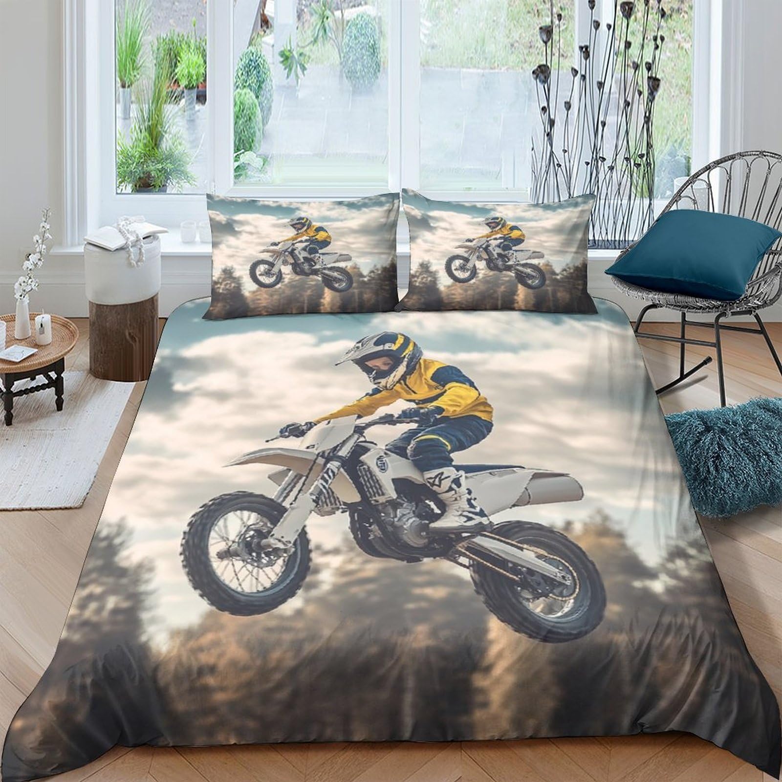 Ctjqhvkz Style-1 3D Printed Motocross Racing Fitted Sheet Microfiber Soft Breathable Dirt Bike Mattress Cover Bedroom Decor Single（135X200cm）