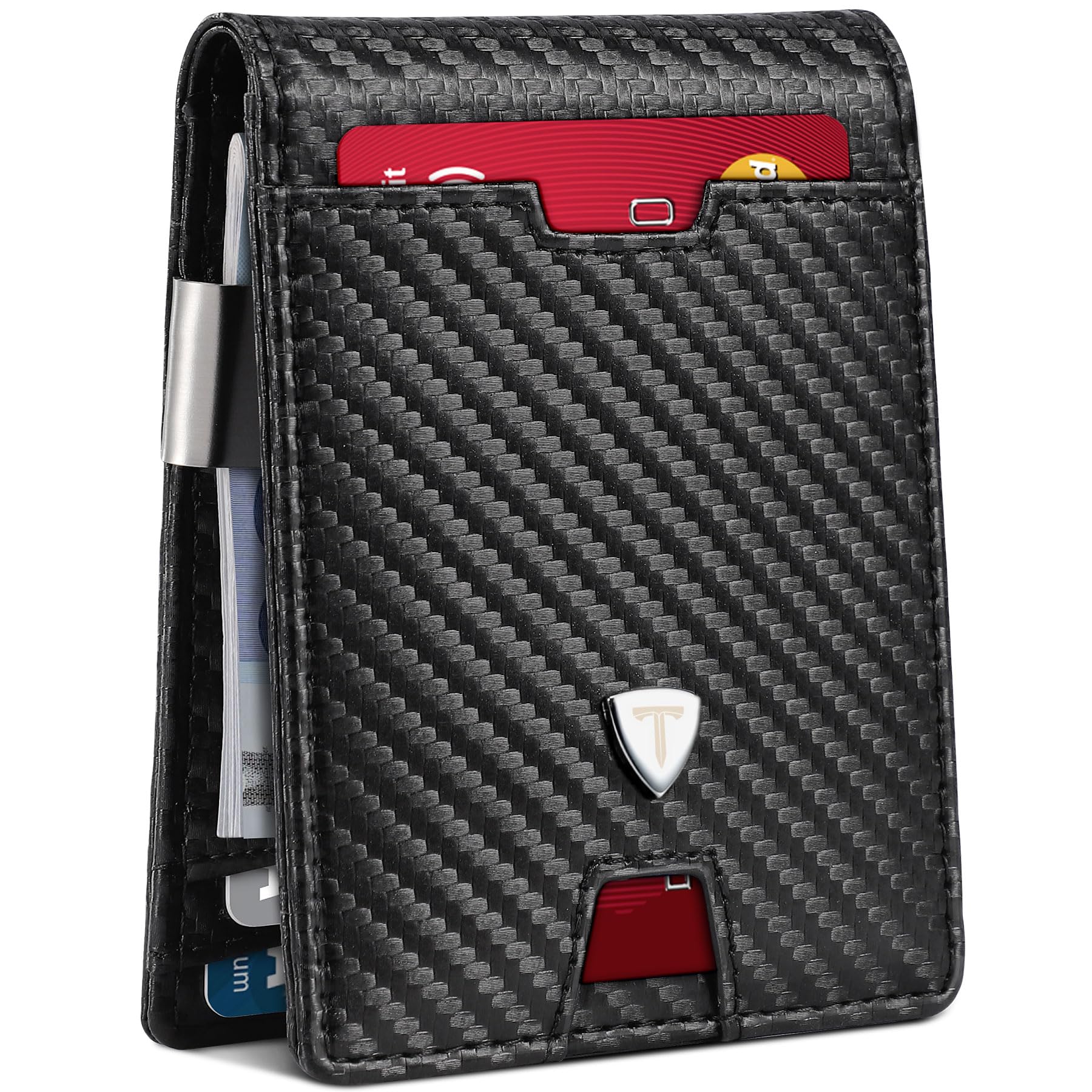 TomylvMens Wallets Slim RFID Blocking Carbon Fiber Leather Wallets Mens with up to 13 Credit Card Holder, Strong Money Clip & ID Window Minimalist Bi-Fold Wallets for Men UK with Gift Box - Black