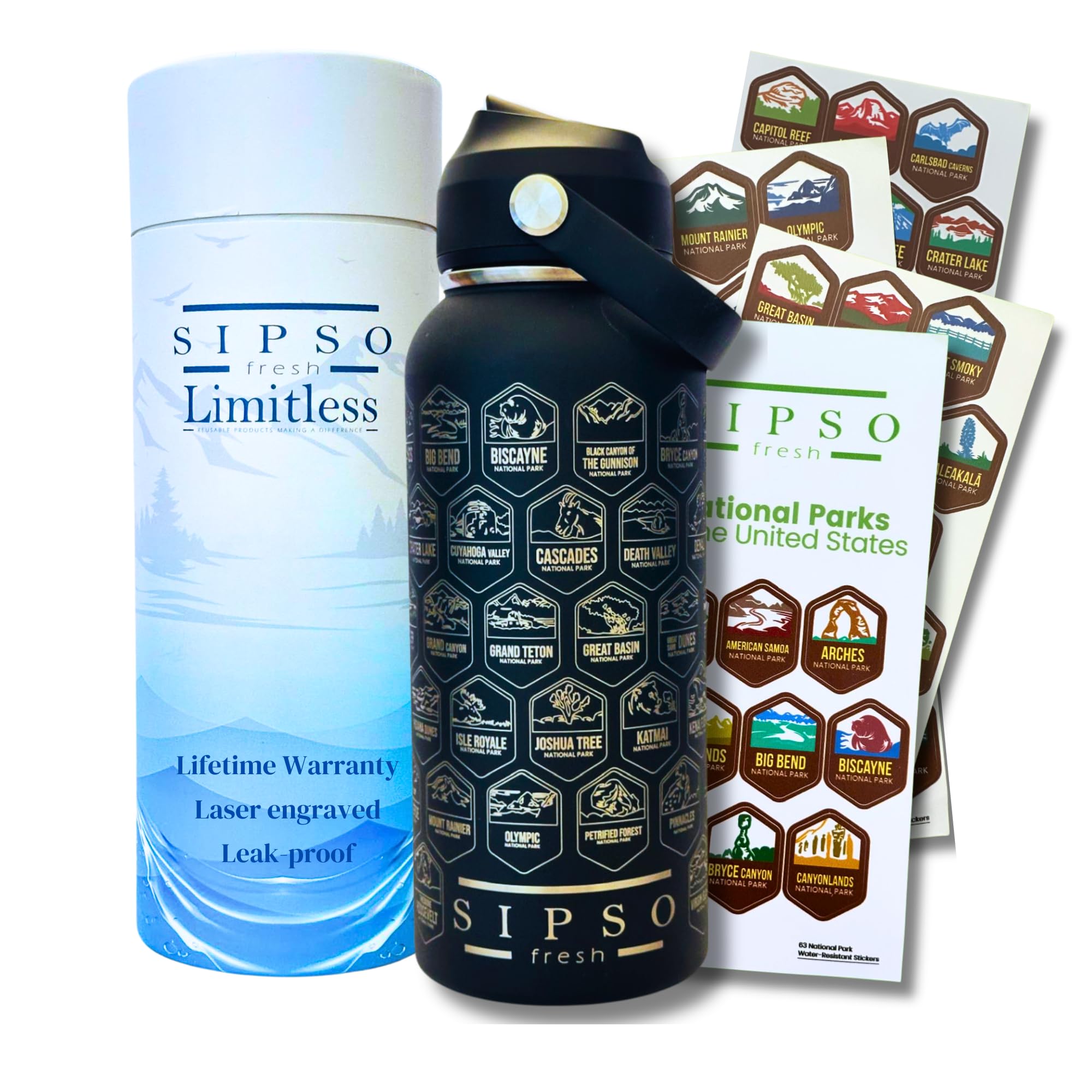 National Park water bottle with Stickers: Unique 32 oz bottle | Double wall Stainless Steel water bottle | Leak Proof- laser Engraved water Bottle with National Park stickers (Black)